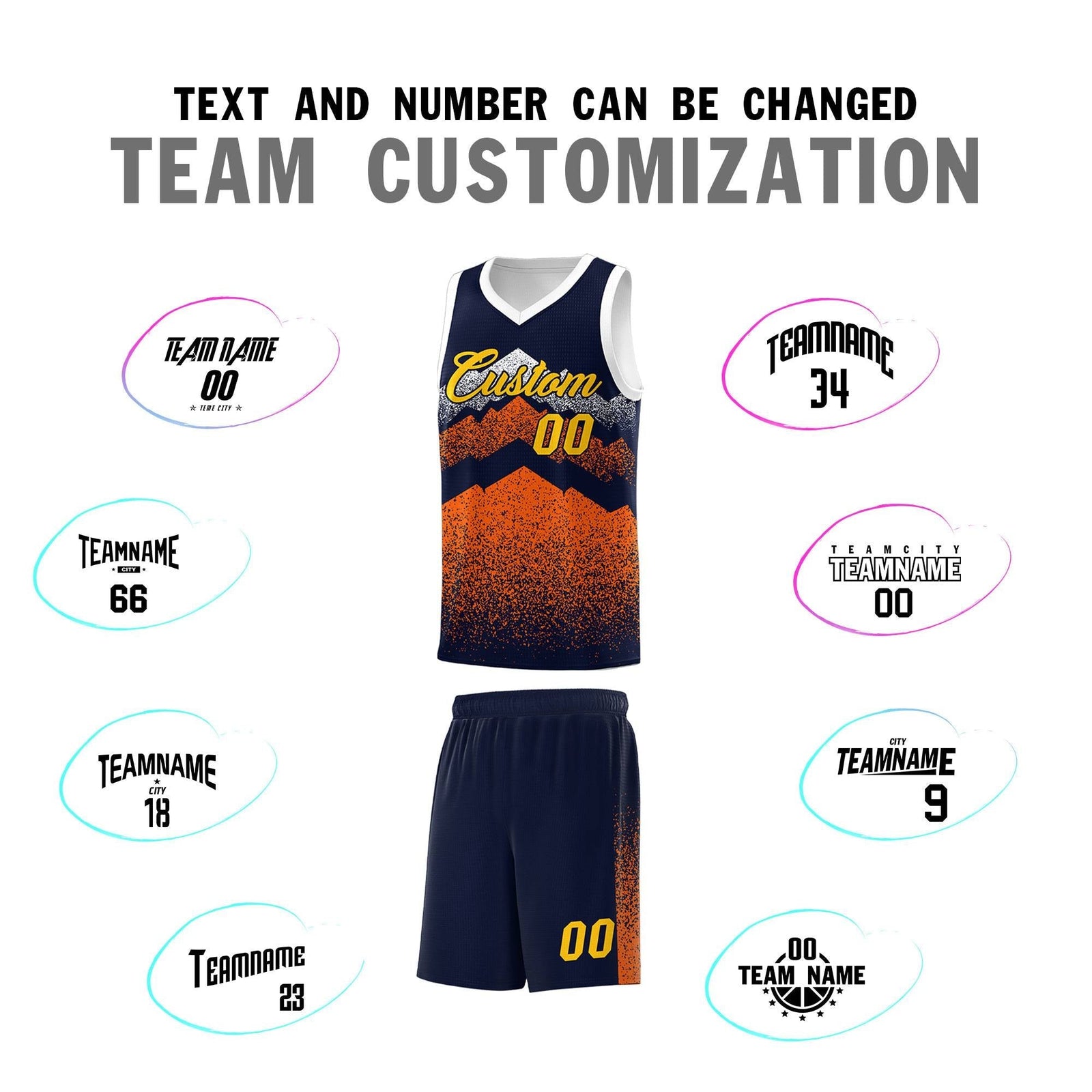 Personalized Youth Basketball Jerseys Navy Orange Gradient Mountain Design Uniforms
