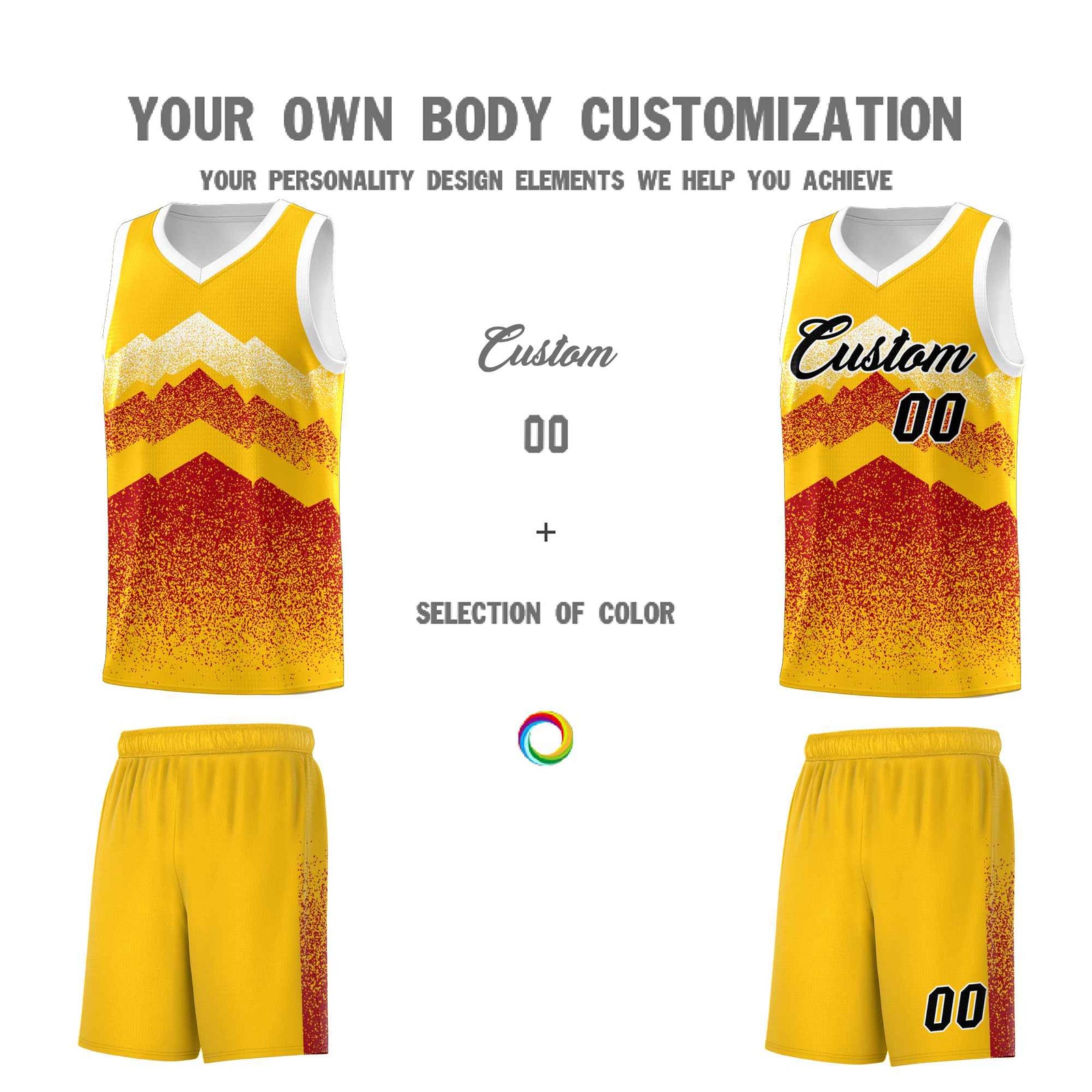 Personalized Youth Basketball Jerseys Gold Red Gradient Mountain Design Uniforms