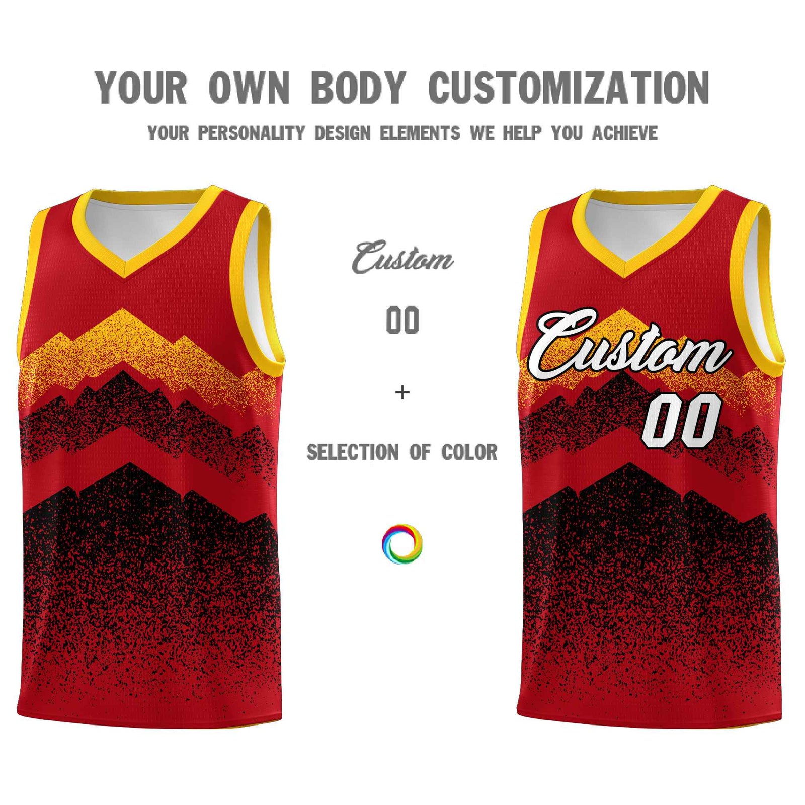 Custom Youth Basketball Jerseys Red Black Gradient Mountain Design Uniforms