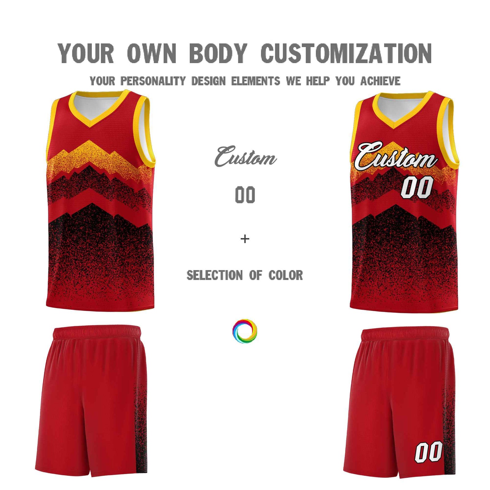 Custom Youth Basketball Jerseys Red Black Gradient Mountain Design Uniforms