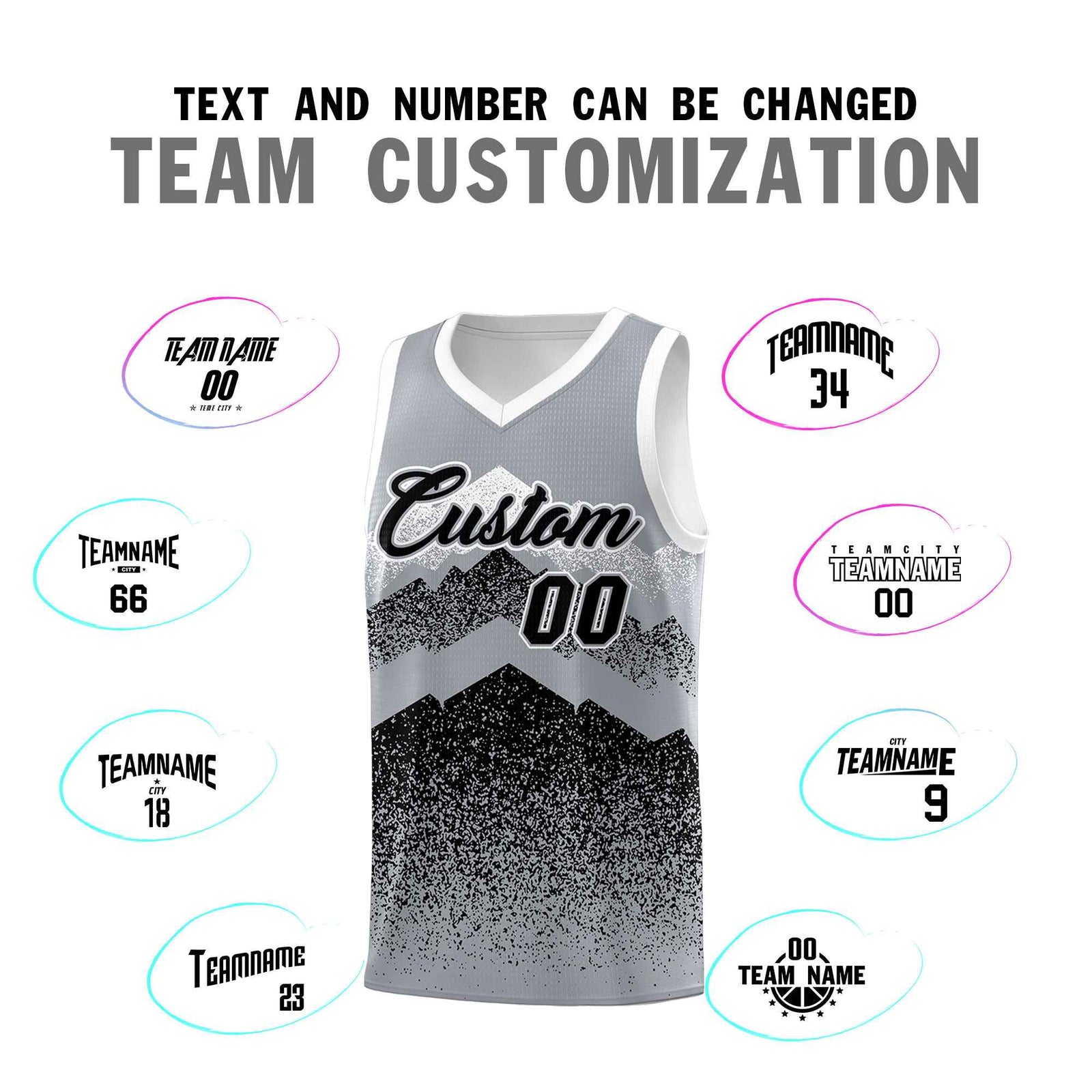 Personalized Youth Basketball Jerseys Gray Black Gradient Mountain Design Uniforms