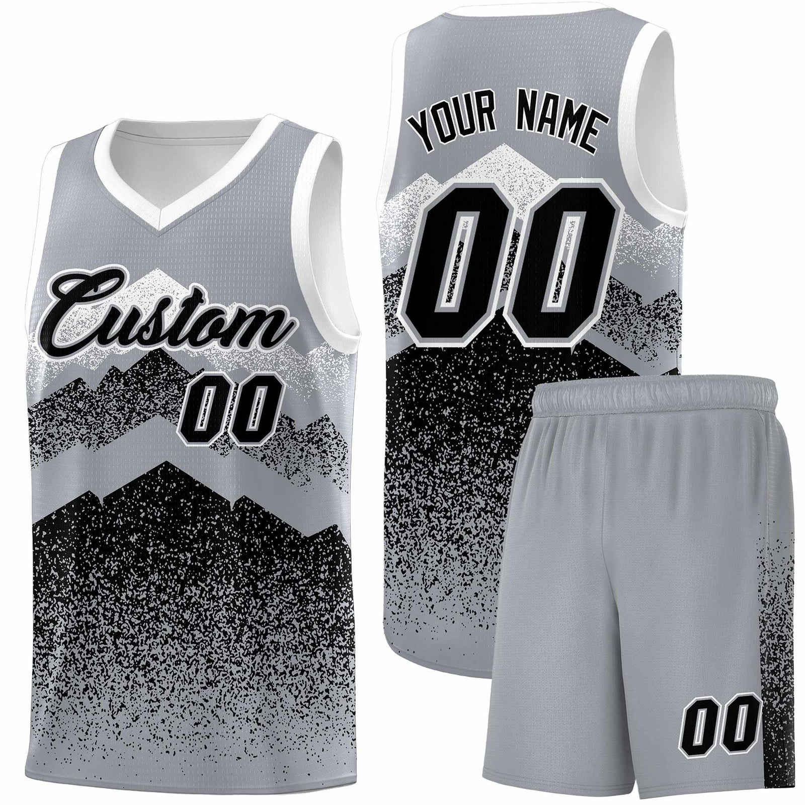Personalized Youth Basketball Jerseys Gray Black Gradient Mountain Design Uniforms