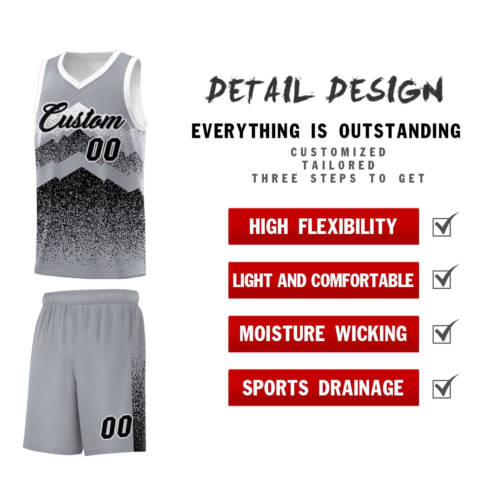 Personalized Youth Basketball Jerseys Gray Black Gradient Mountain Design Uniforms