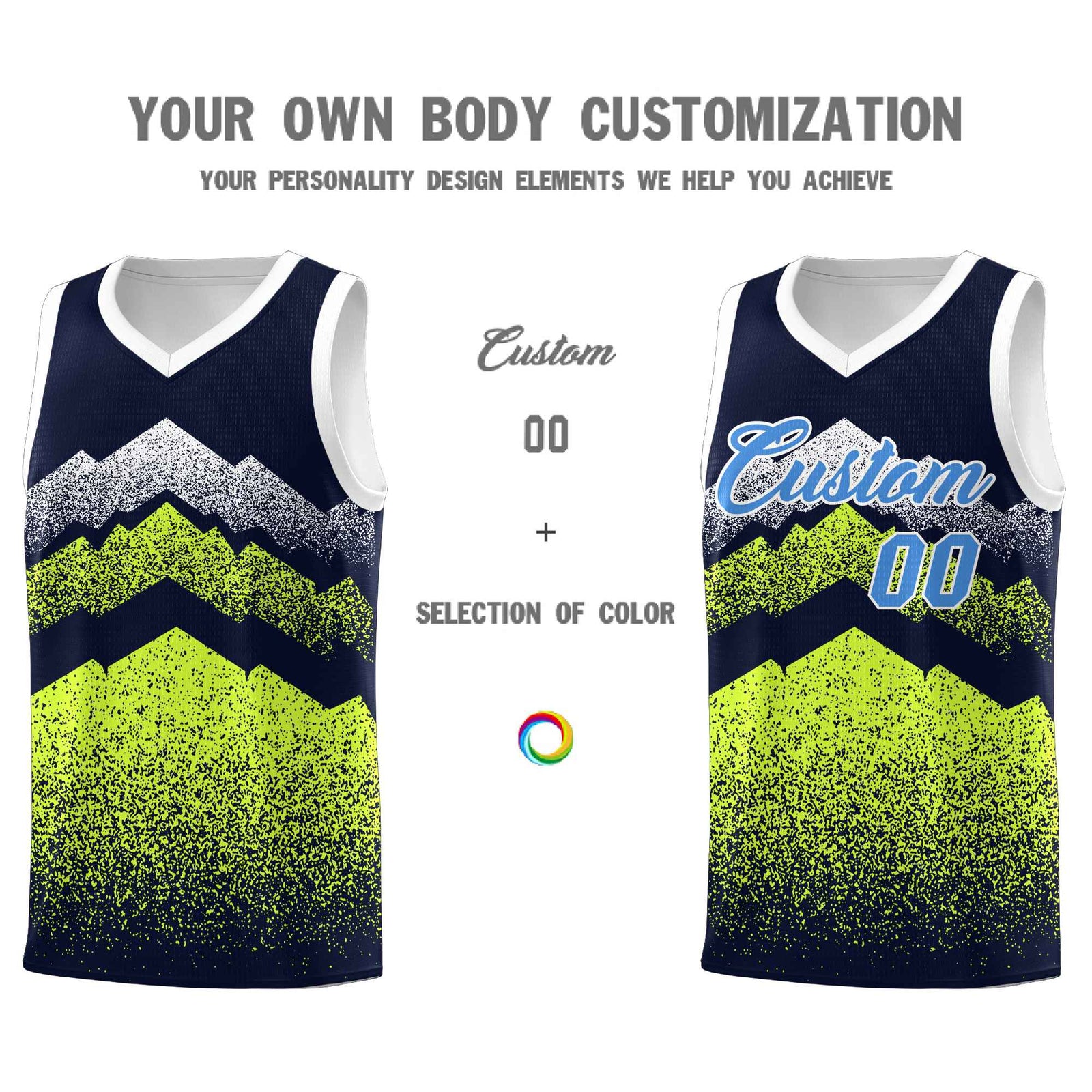 Personalized Youth Basketball Jerseys Navy Neon Green Gradient Mountain Design Uniforms