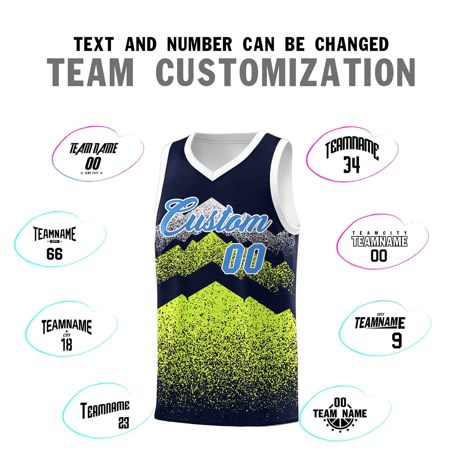Personalized Youth Basketball Jerseys Navy Neon Green Gradient Mountain Design Uniforms