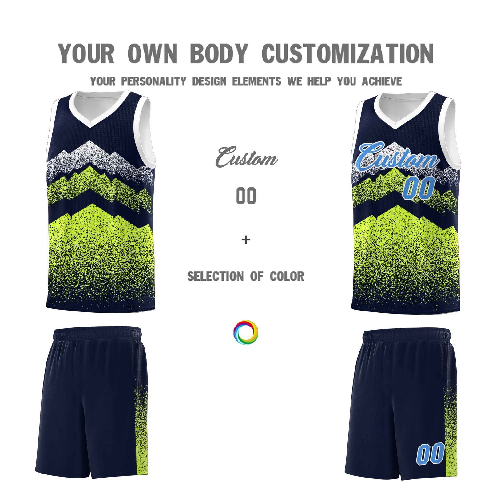 Personalized Youth Basketball Jerseys Navy Neon Green Gradient Mountain Design Uniforms