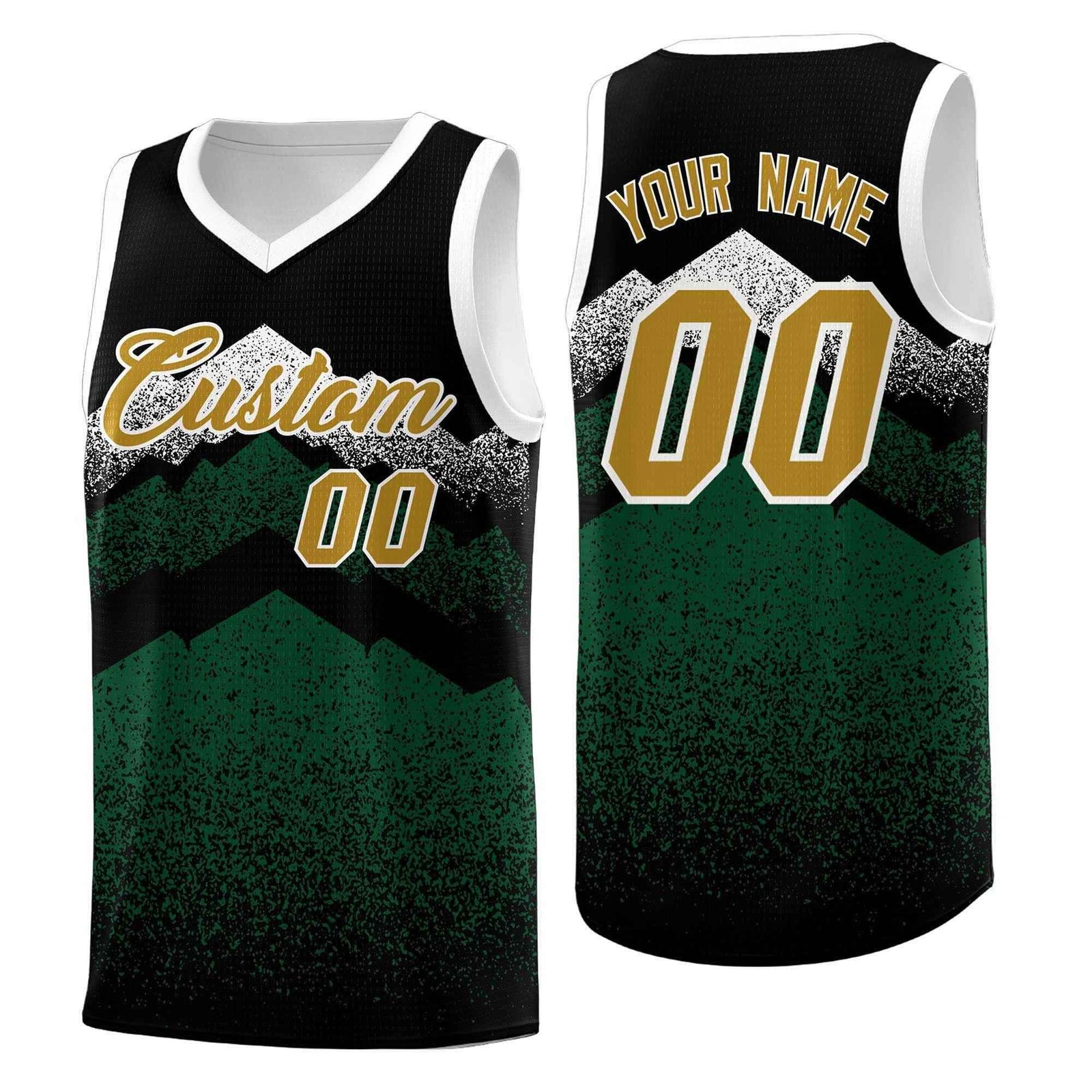 Personalized Youth Basketball Jerseys Black Green Gradient Mountain Design Uniforms