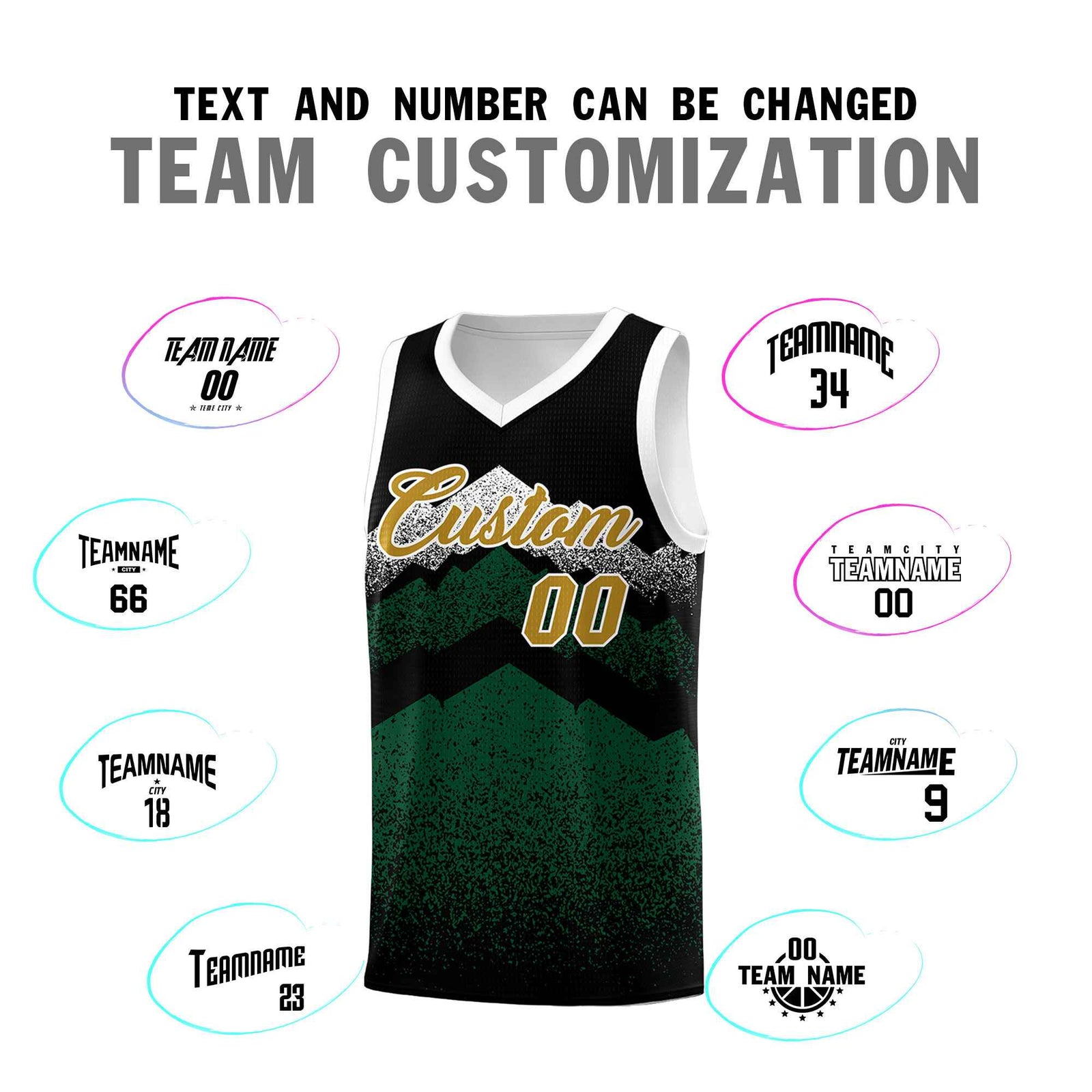 Personalized Youth Basketball Jerseys Black Green Gradient Mountain Design Uniforms