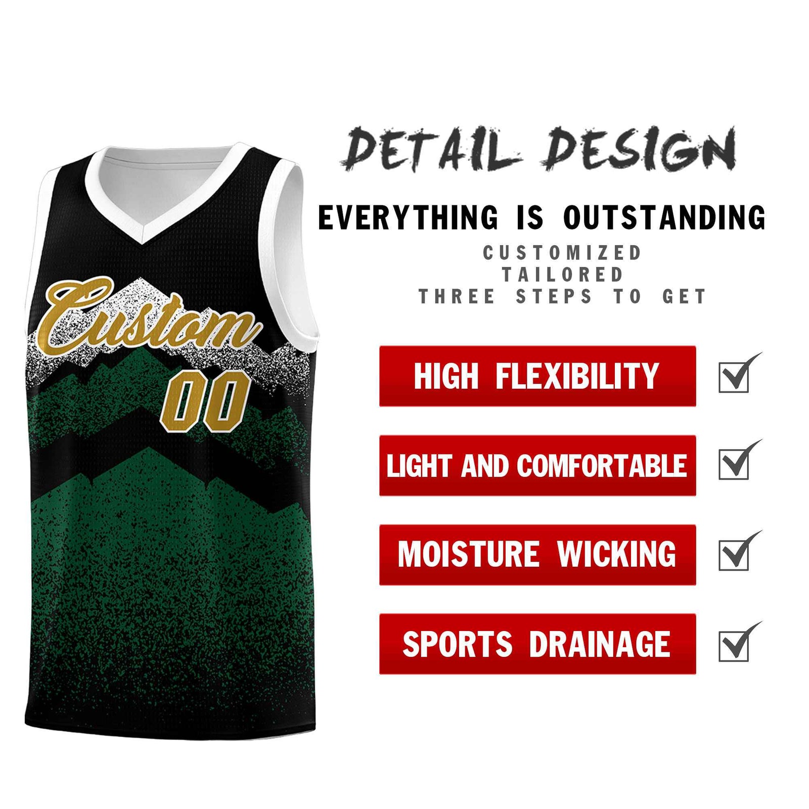 Personalized Youth Basketball Jerseys Black Green Gradient Mountain Design Uniforms
