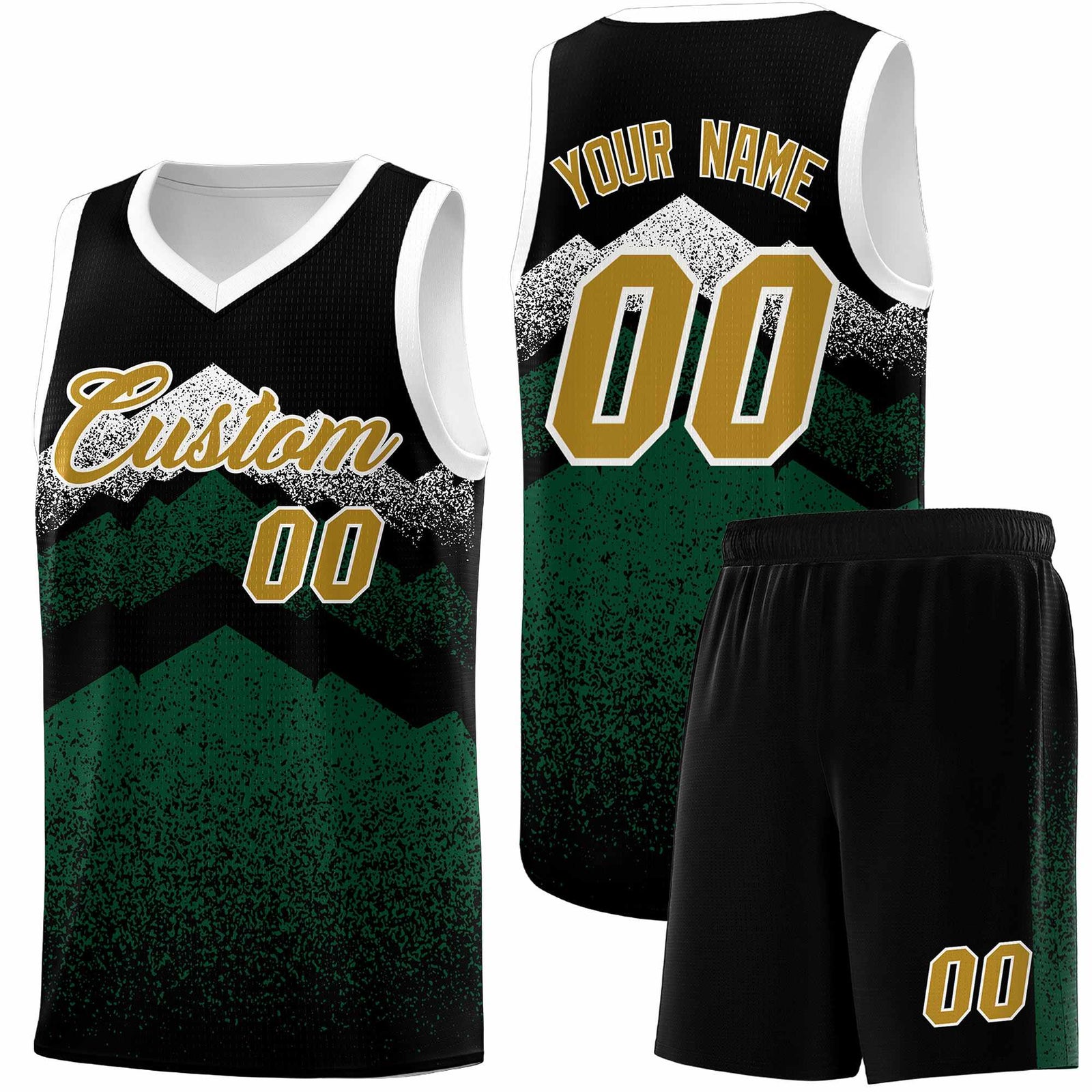 Personalized Youth Basketball Jerseys Black Green Gradient Mountain Design Uniforms