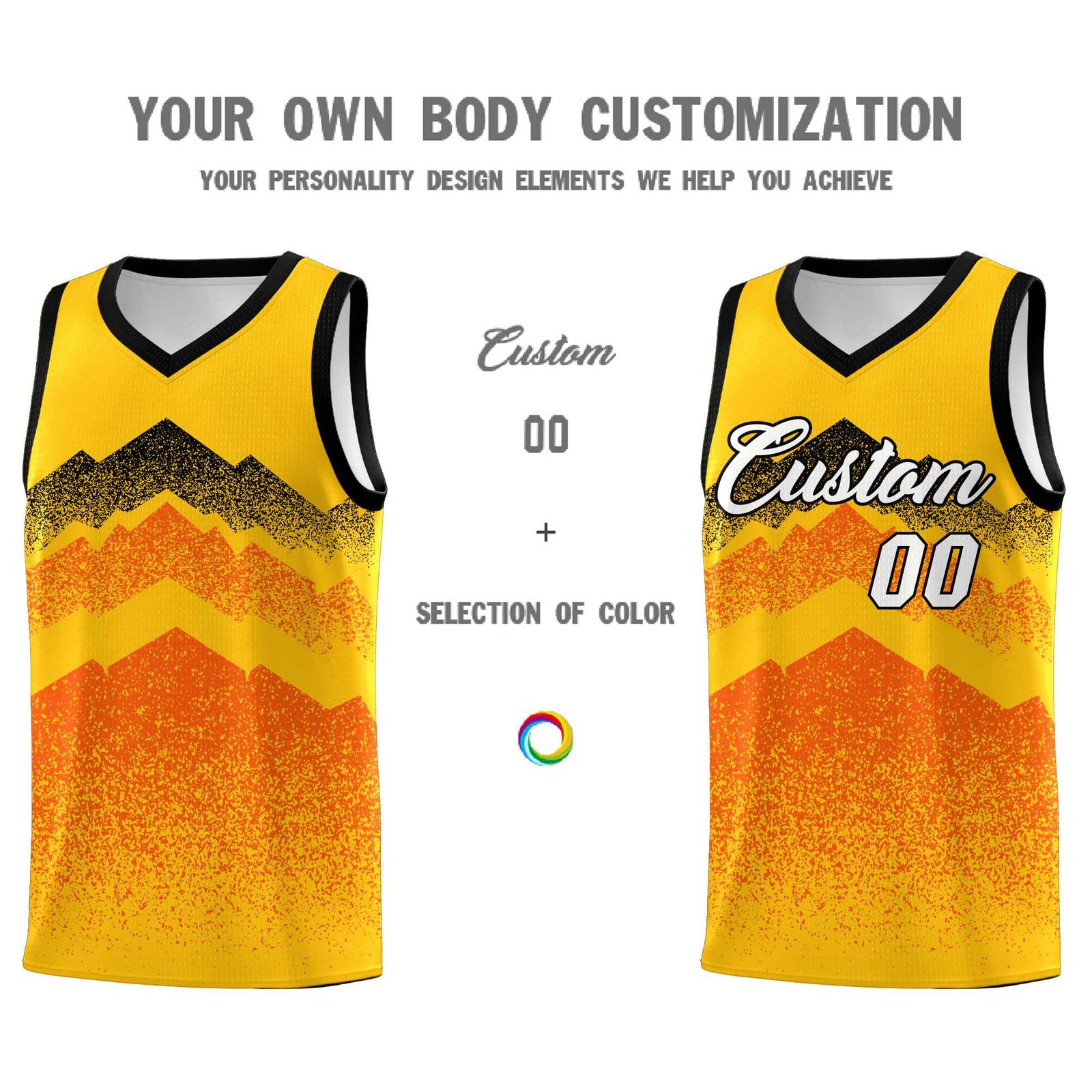 Personalized Youth Basketball Jerseys Yellow Orange Gradient Mountain Design Uniforms