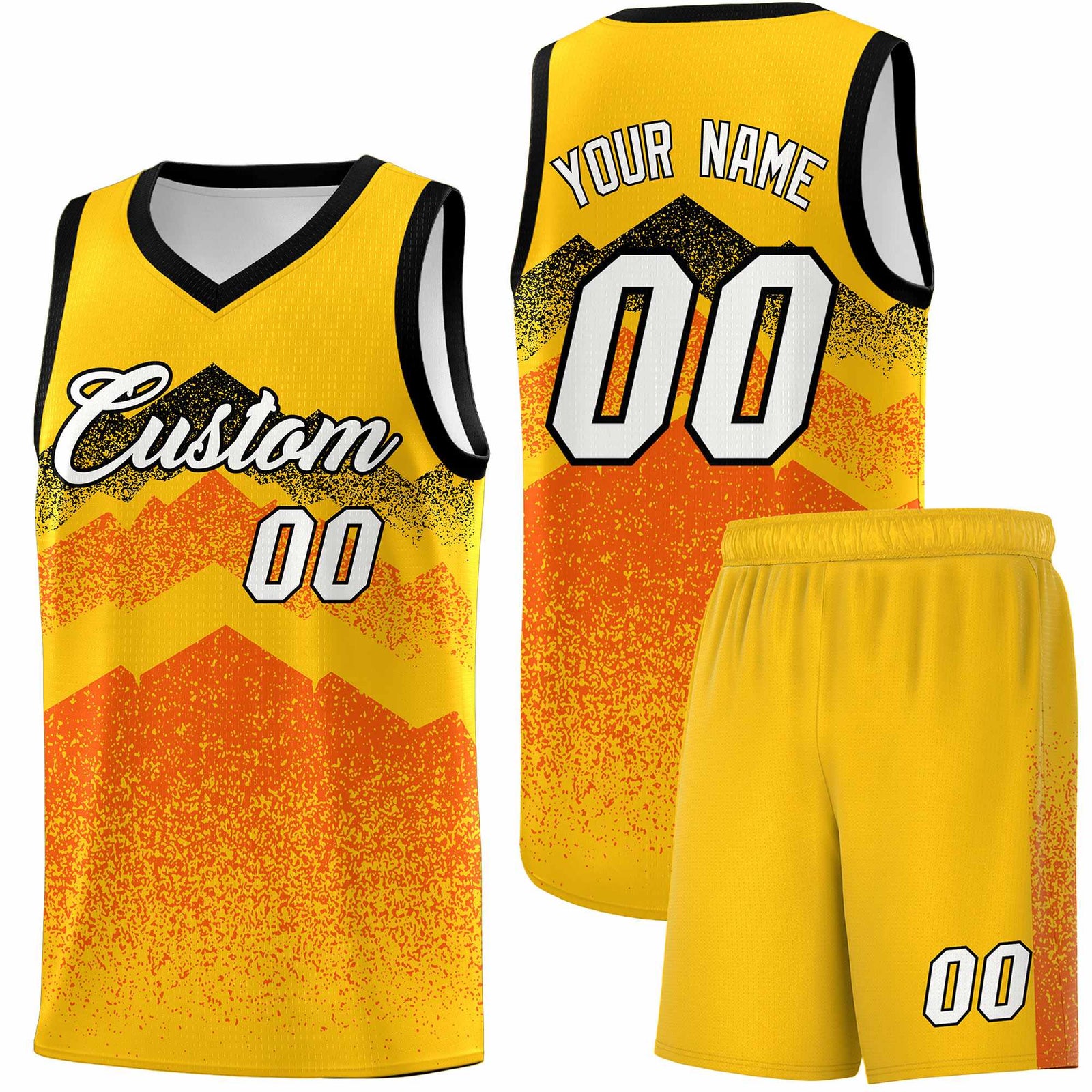 Personalized Youth Basketball Jerseys Yellow Orange Gradient Mountain Design Uniforms