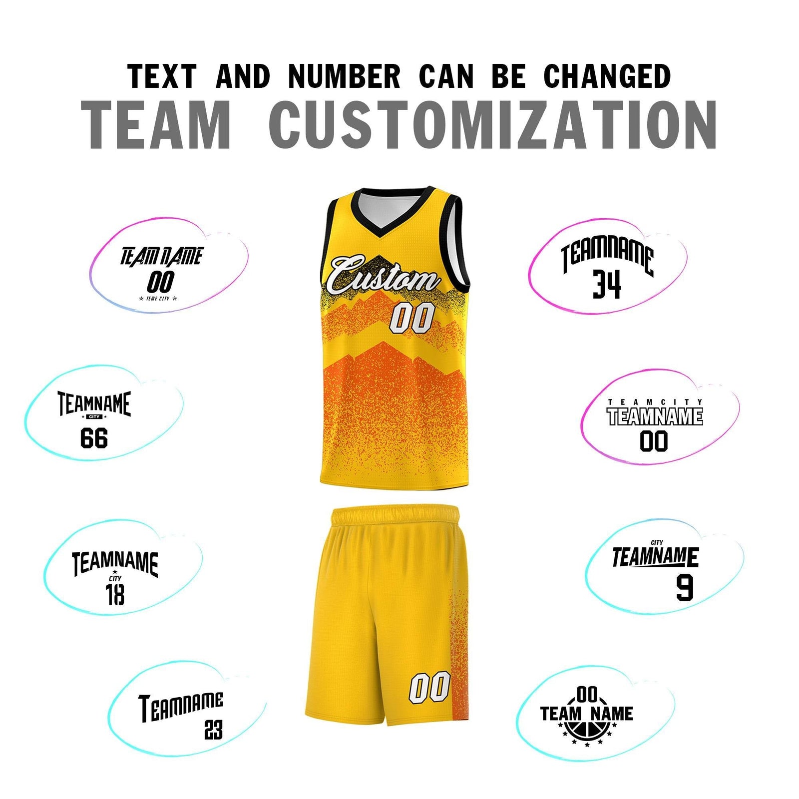 Personalized Youth Basketball Jerseys Yellow Orange Gradient Mountain Design Uniforms
