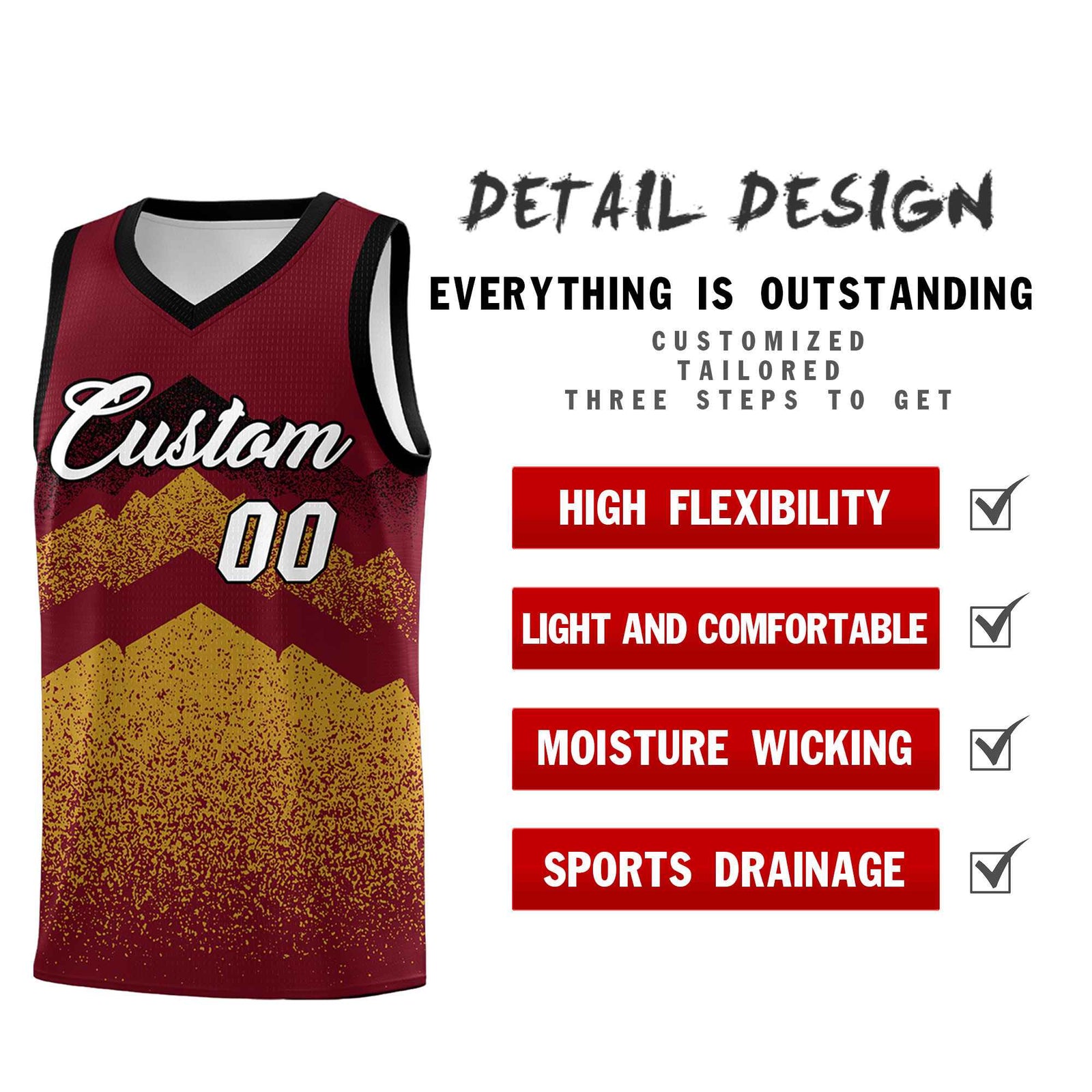 Personalized Youth Basketball Jerseys Crimson Old Gold Gradient Mountain Design Uniforms