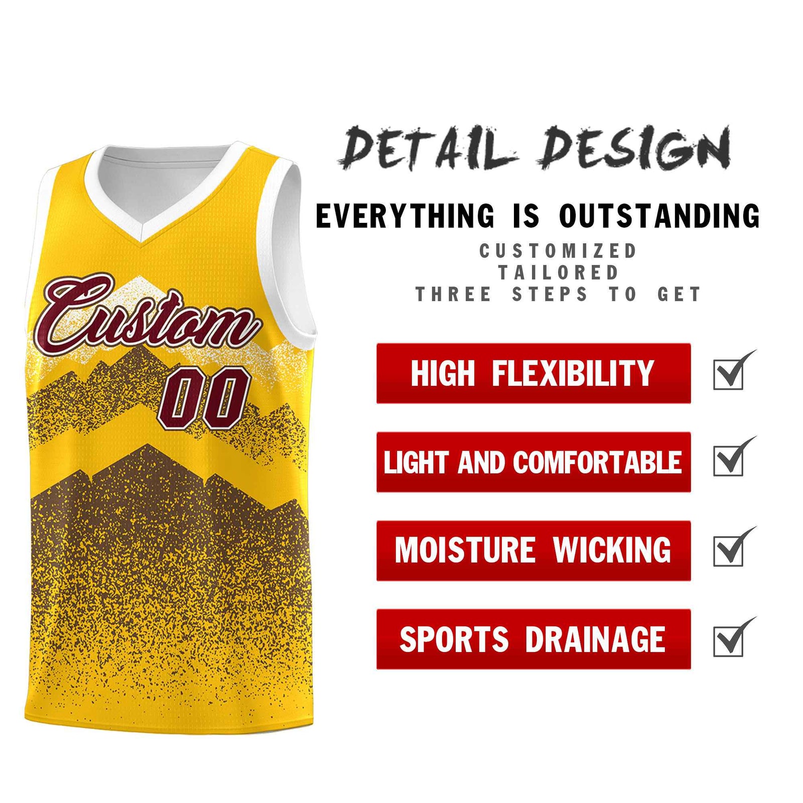Custom Youth Basketball Jerseys Gold Coffee Gradient Mountain Design Uniforms