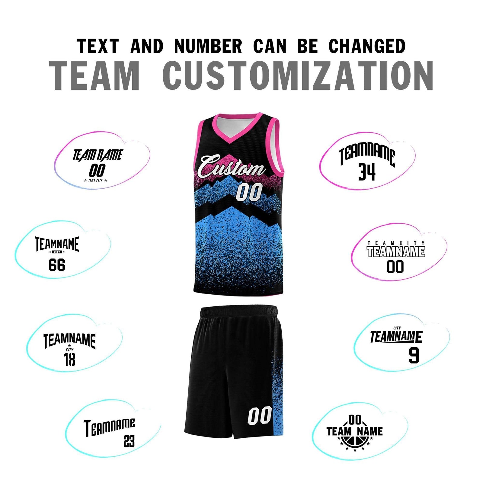 Custom Youth Basketball Jerseys Black Powder Blue Gradient Mountain Design Uniforms