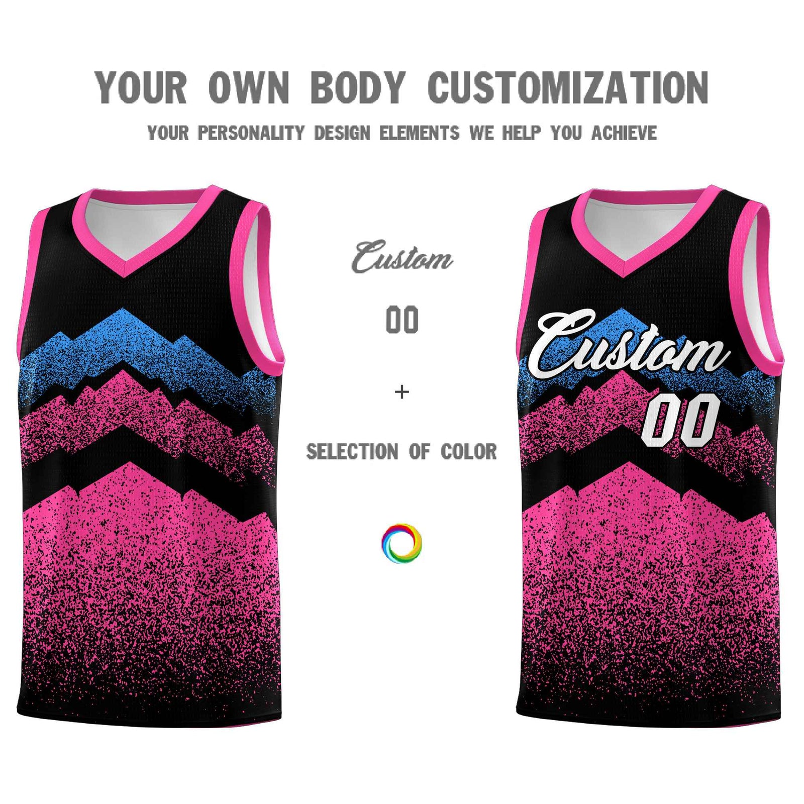 Personalized Youth Basketball Jerseys Black Pink Gradient Mountain Design Uniforms
