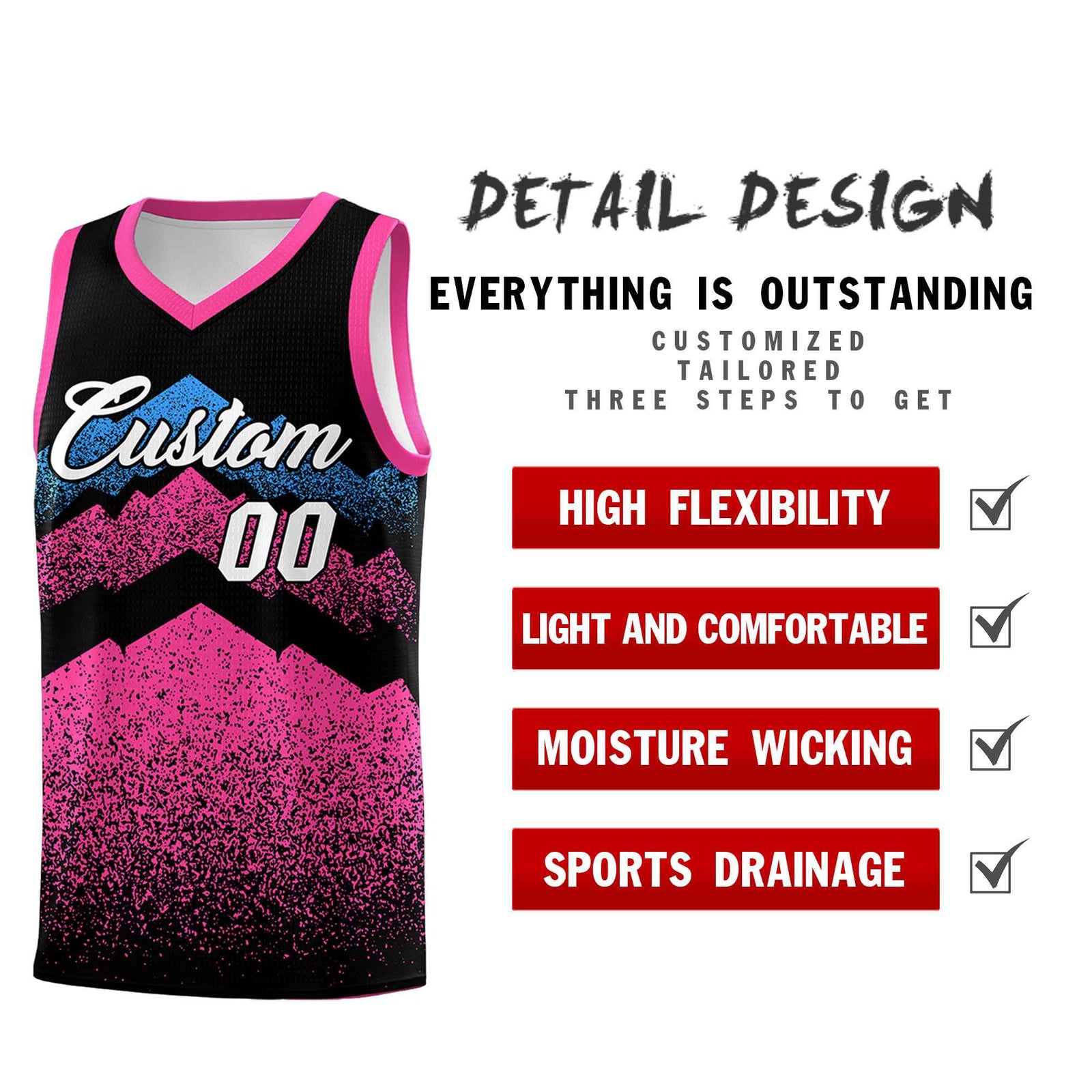 Personalized Youth Basketball Jerseys Black Pink Gradient Mountain Design Uniforms