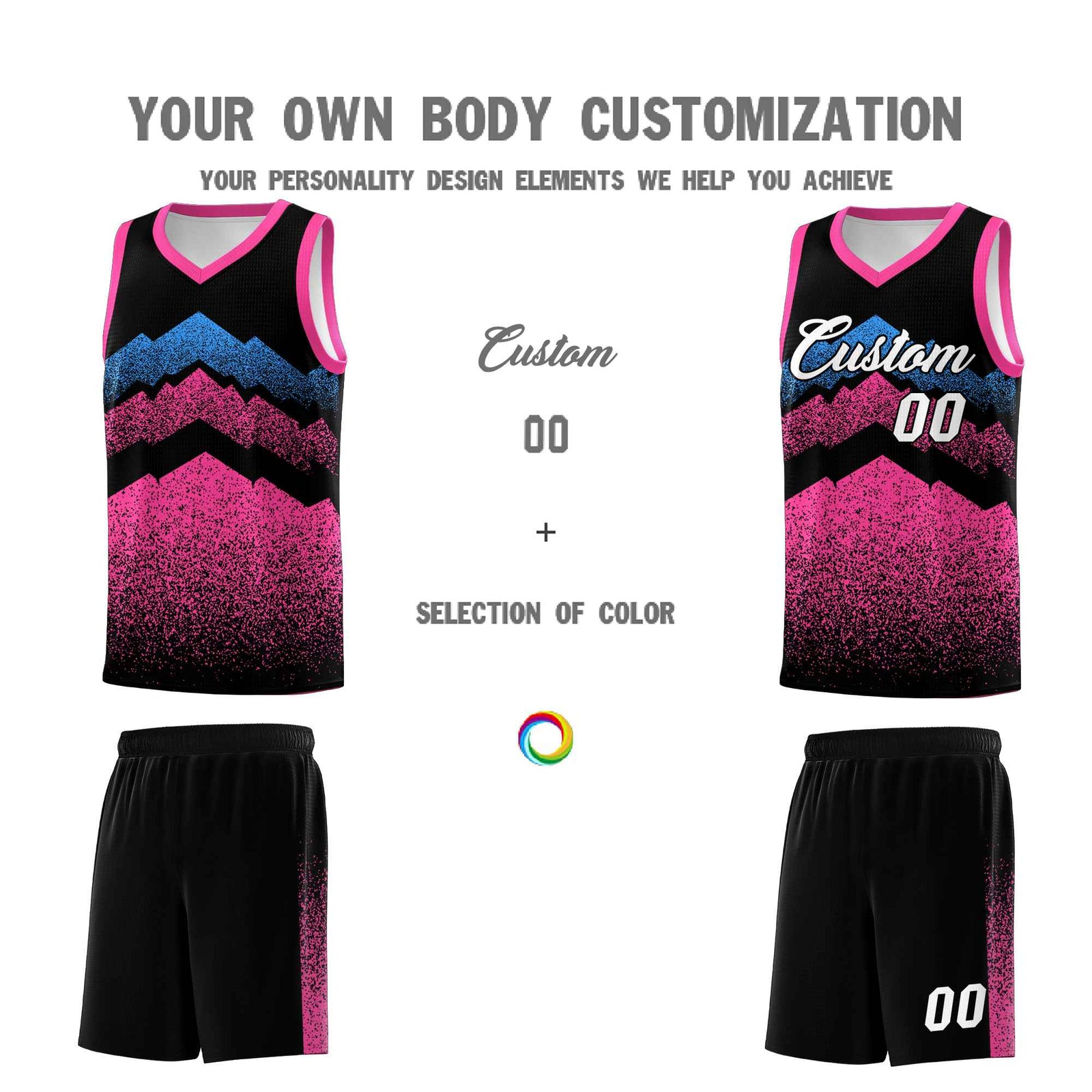 Personalized Youth Basketball Jerseys Black Pink Gradient Mountain Design Uniforms