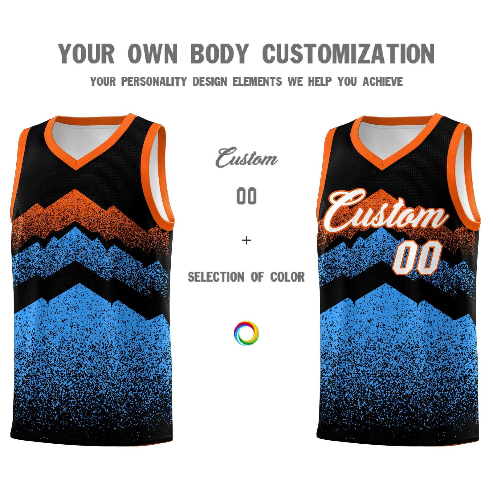 Personalized Youth Basketball Jerseys Black Powder Blue Gradient Mountain Design Uniforms