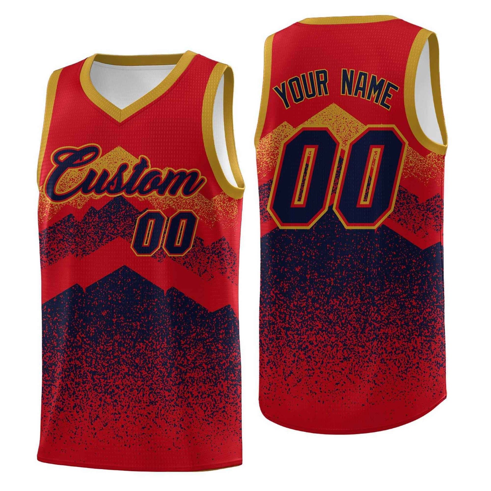 Personalized Youth Basketball Jerseys Red Navy Gradient Mountain Design Uniforms