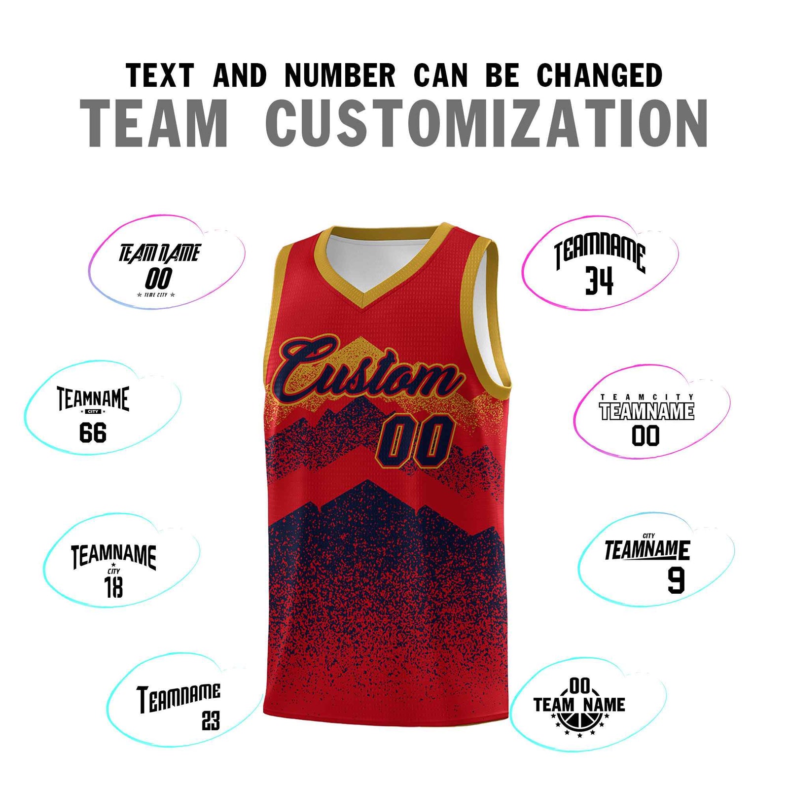Personalized Youth Basketball Jerseys Red Navy Gradient Mountain Design Uniforms