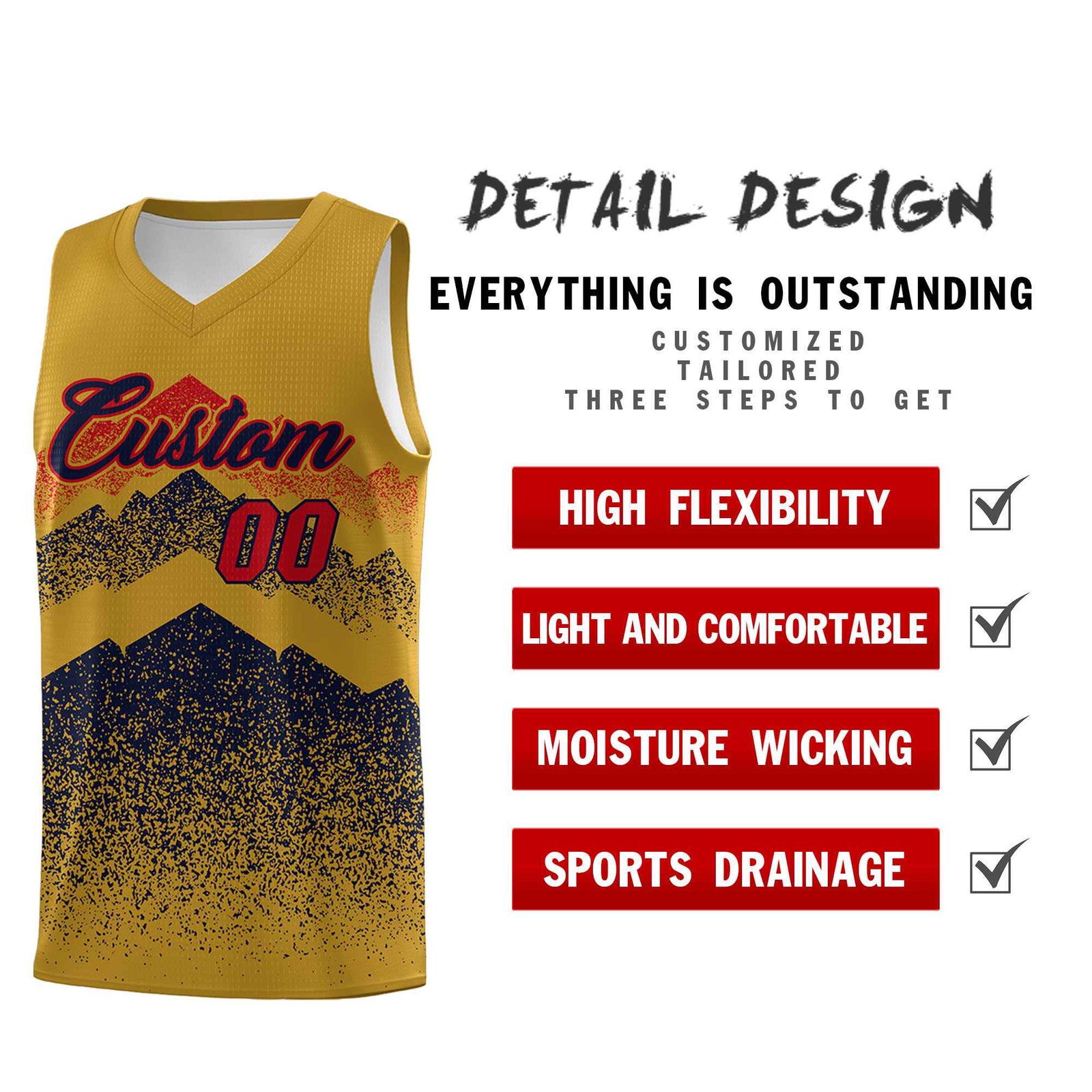 Personalized Youth Basketball Jerseys Old Gold Navy Gradient Mountain Design Uniforms