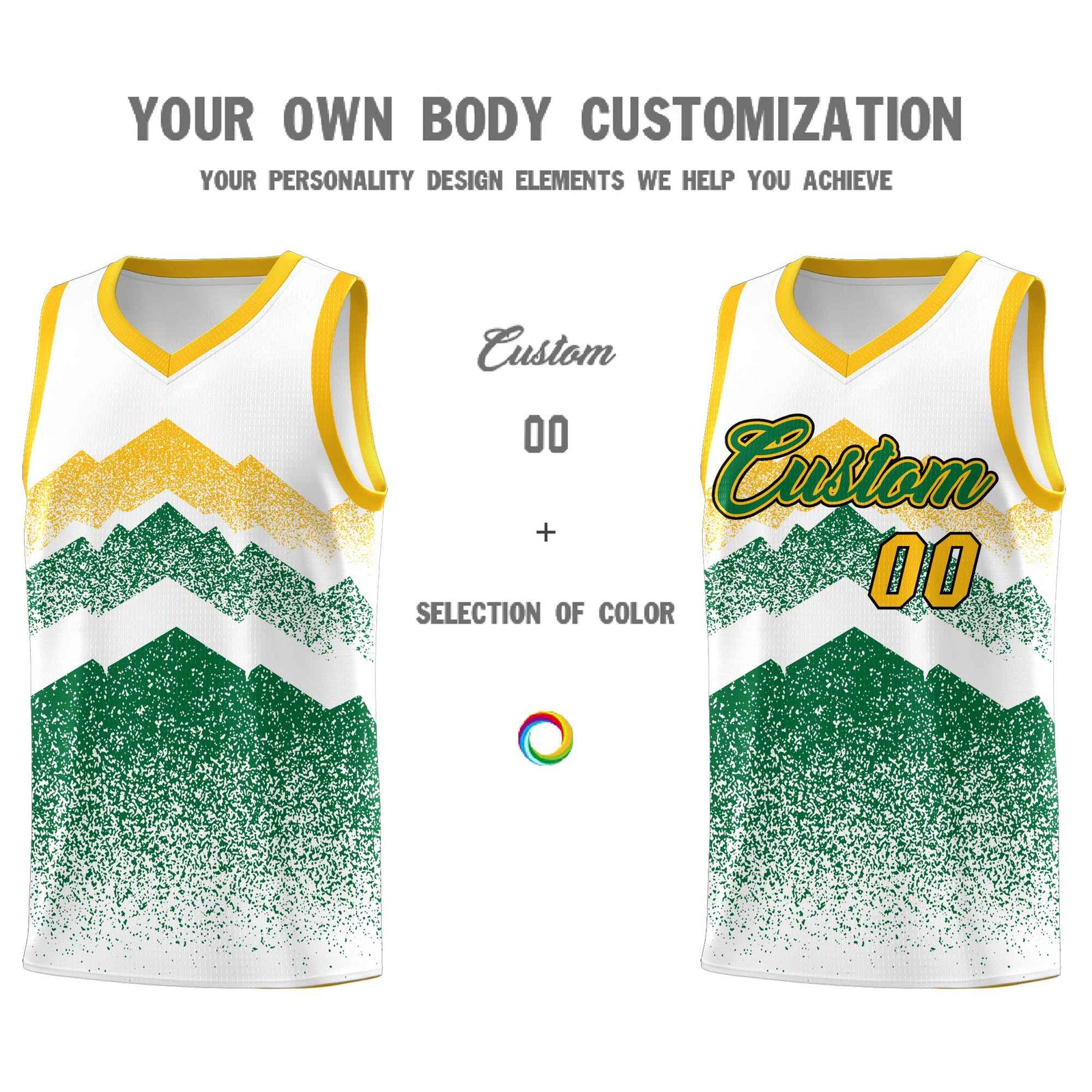 Personalized Youth Basketball Jerseys White Kelly Green Gradient Mountain Design Uniforms