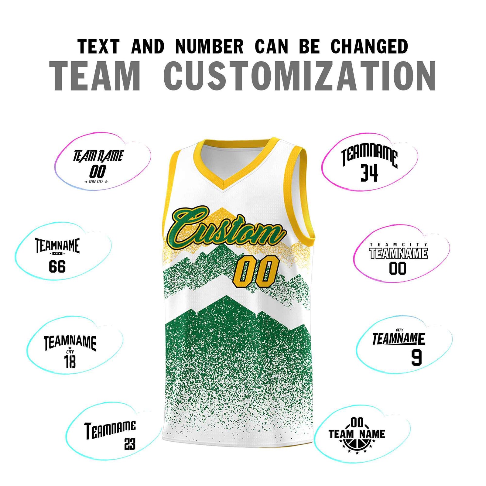 Personalized Youth Basketball Jerseys White Kelly Green Gradient Mountain Design Uniforms