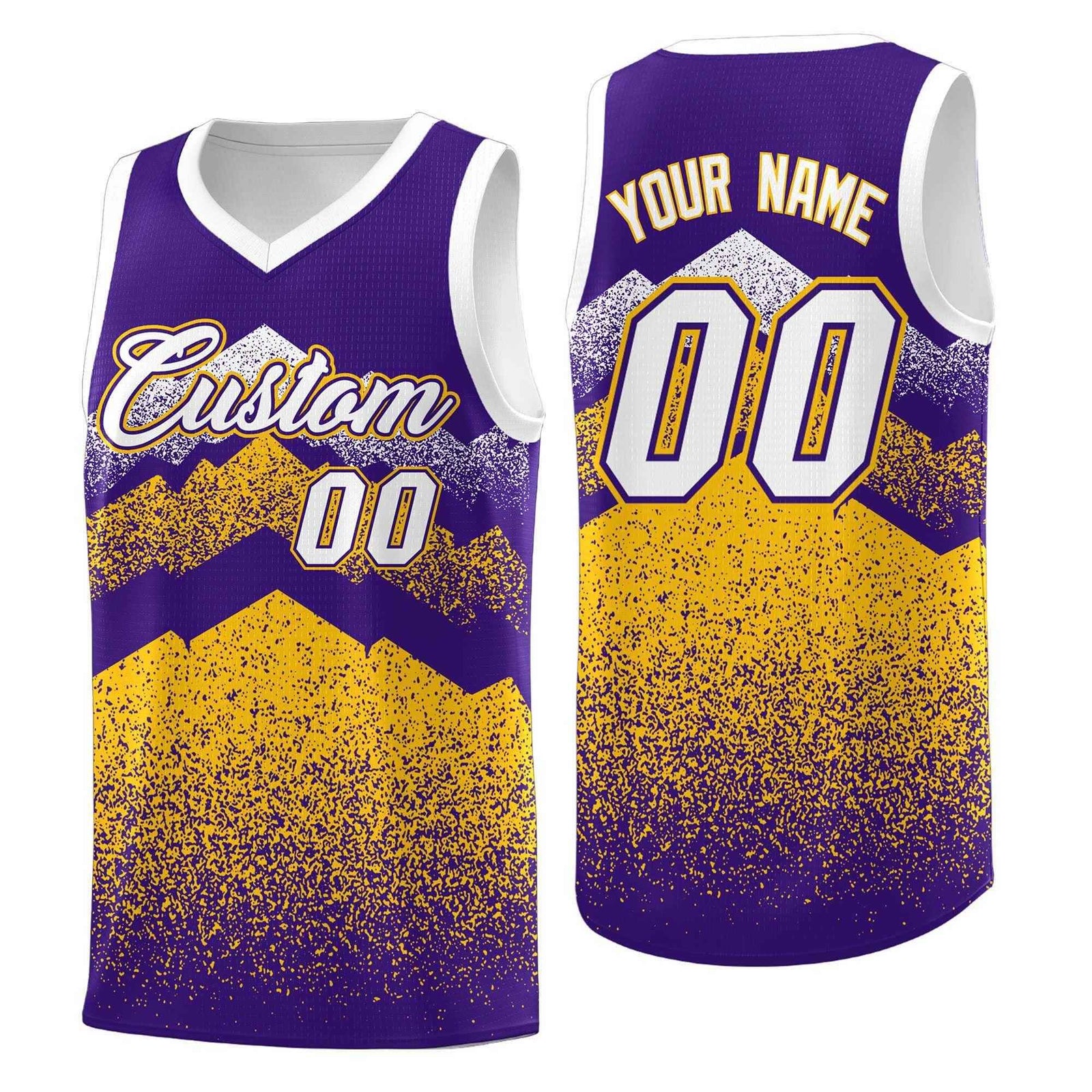 Personalized Youth Basketball Jerseys Purple Gold Gradient Mountain Design Uniforms