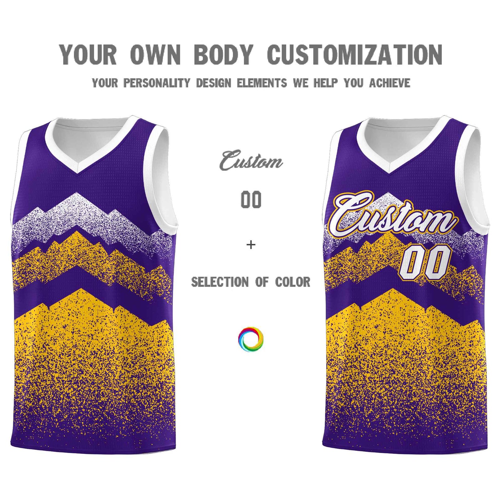 Personalized Youth Basketball Jerseys Purple Gold Gradient Mountain Design Uniforms