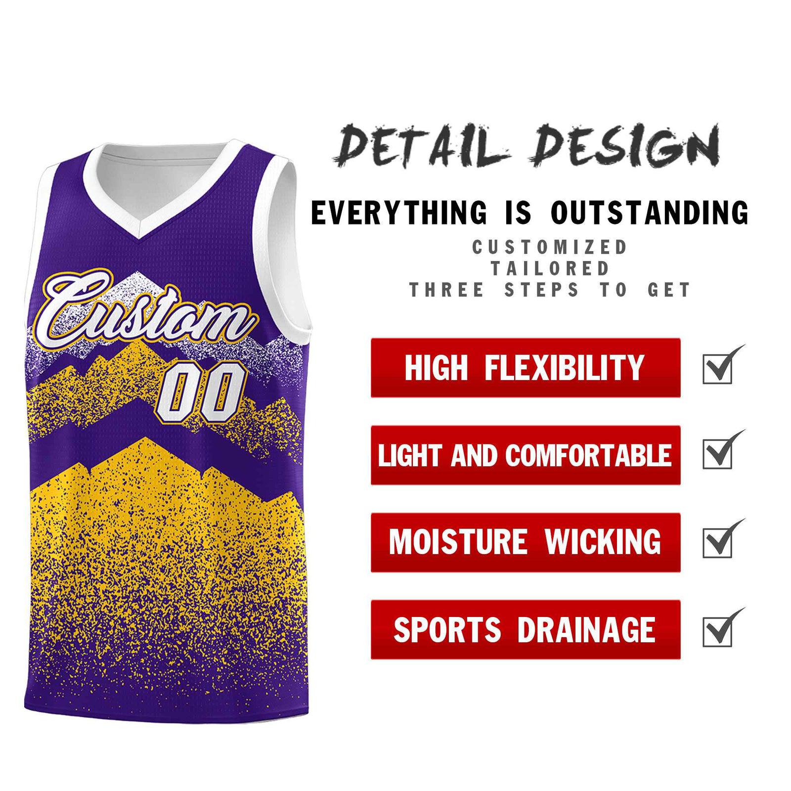 Personalized Youth Basketball Jerseys Purple Gold Gradient Mountain Design Uniforms