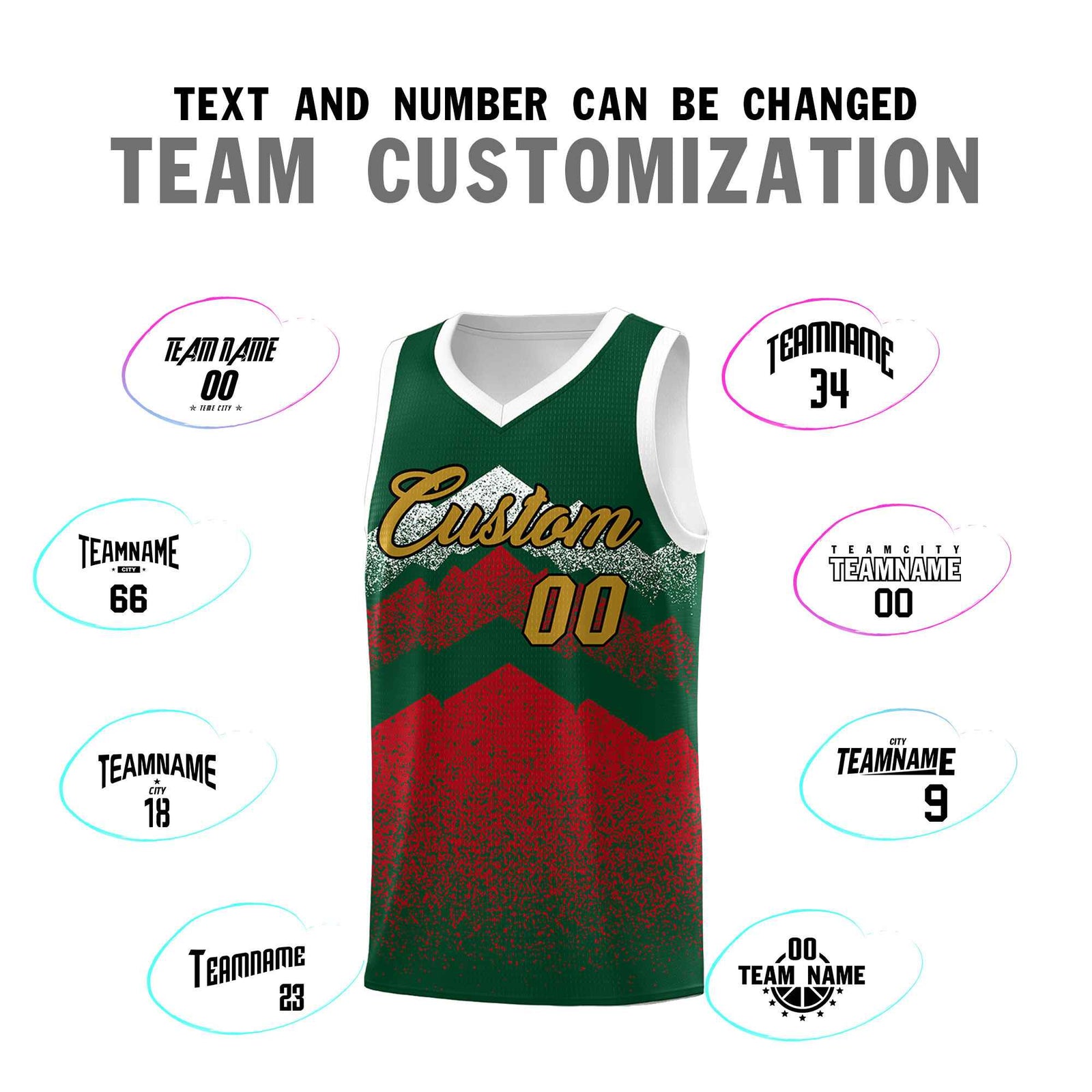 Personalized Youth Basketball Jerseys Green Red Gradient Mountain Design Uniforms