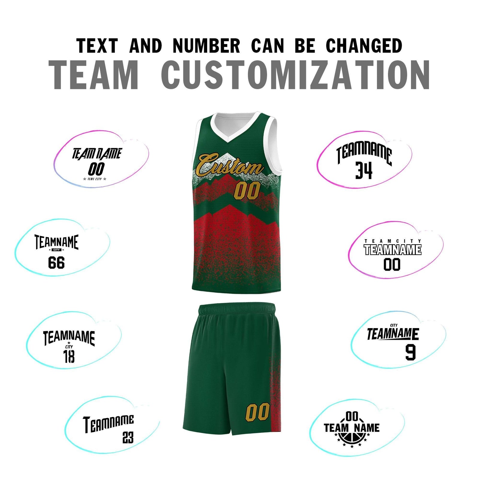 Personalized Youth Basketball Jerseys Green Red Gradient Mountain Design Uniforms
