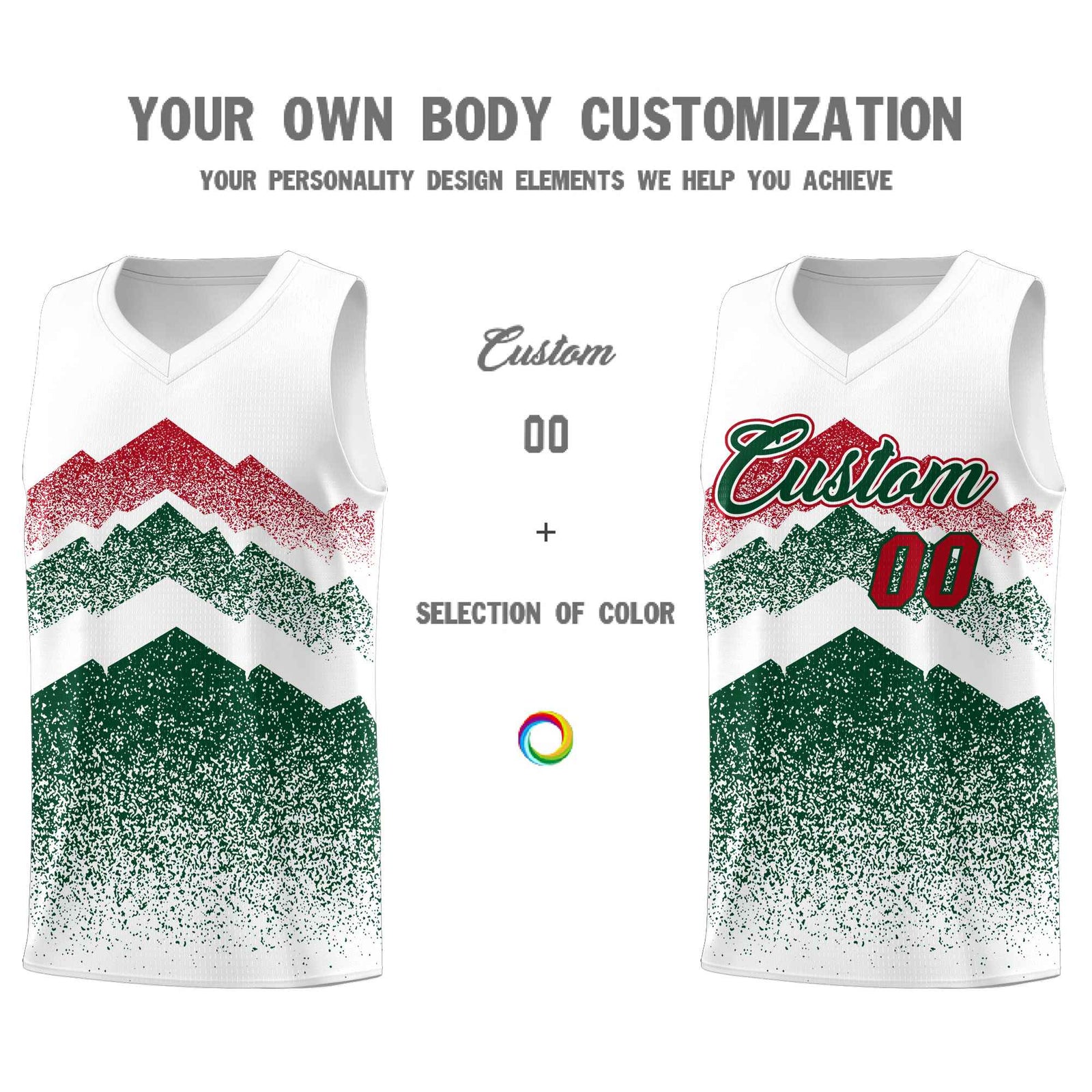 Custom Youth Basketball Jerseys White Green Gradient Mountain Design Uniforms