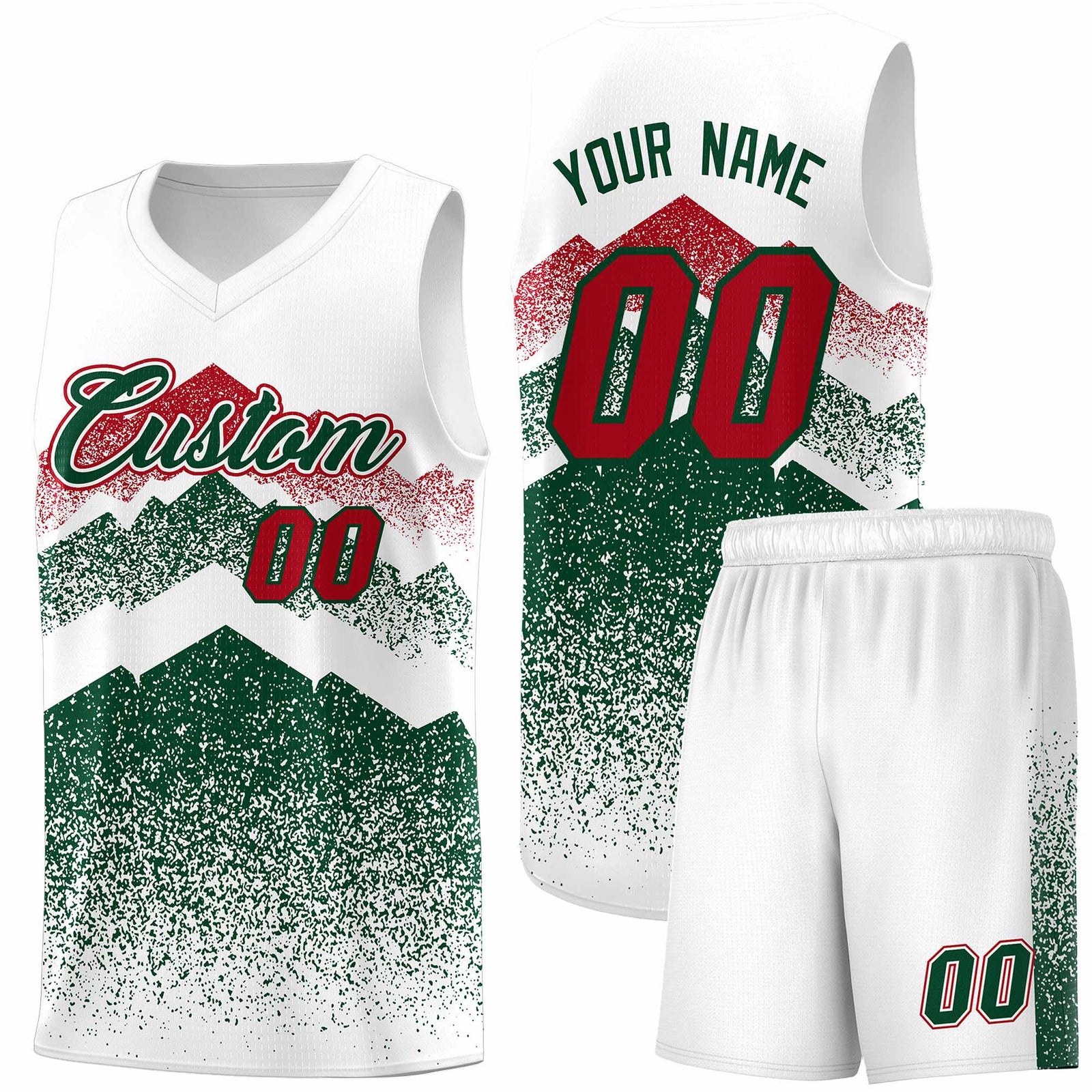 Custom Youth Basketball Jerseys White Green Gradient Mountain Design Uniforms