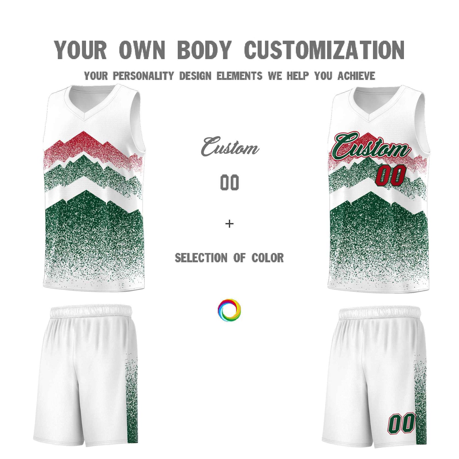 Custom Youth Basketball Jerseys White Green Gradient Mountain Design Uniforms
