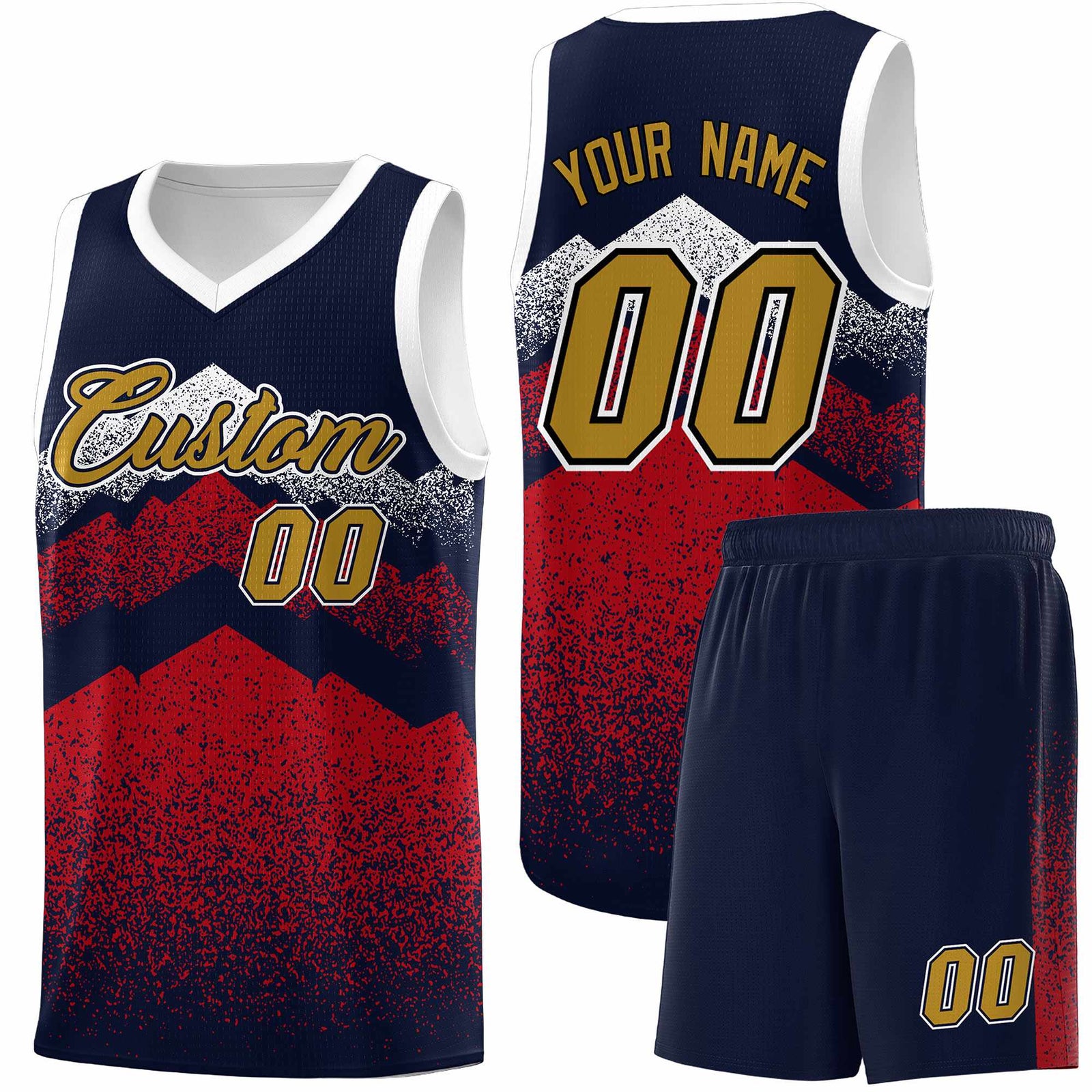 Personalized Youth Basketball Jerseys Navy Red Gradient Mountain Design Uniforms