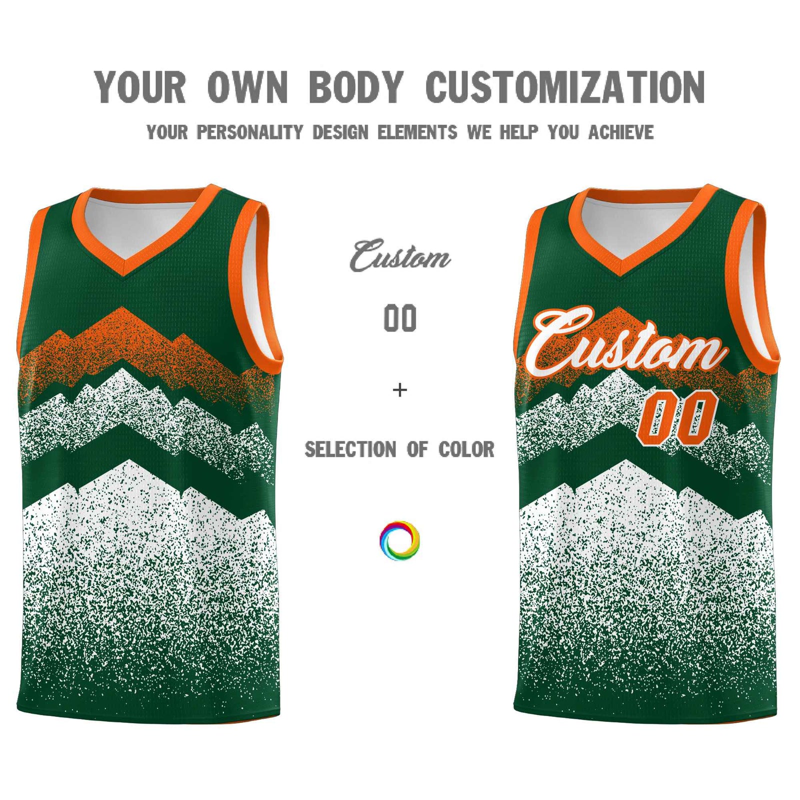 Personalized Youth Basketball Jerseys Green White Gradient Mountain Design Uniforms