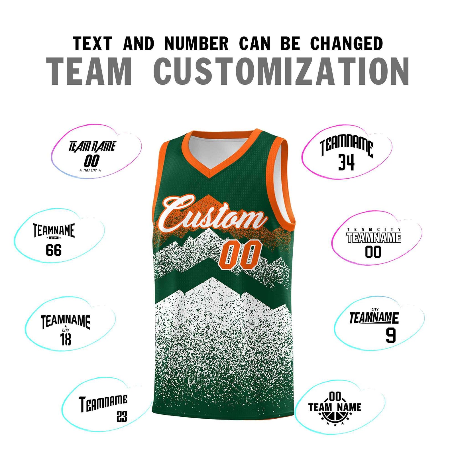 Personalized Youth Basketball Jerseys Green White Gradient Mountain Design Uniforms