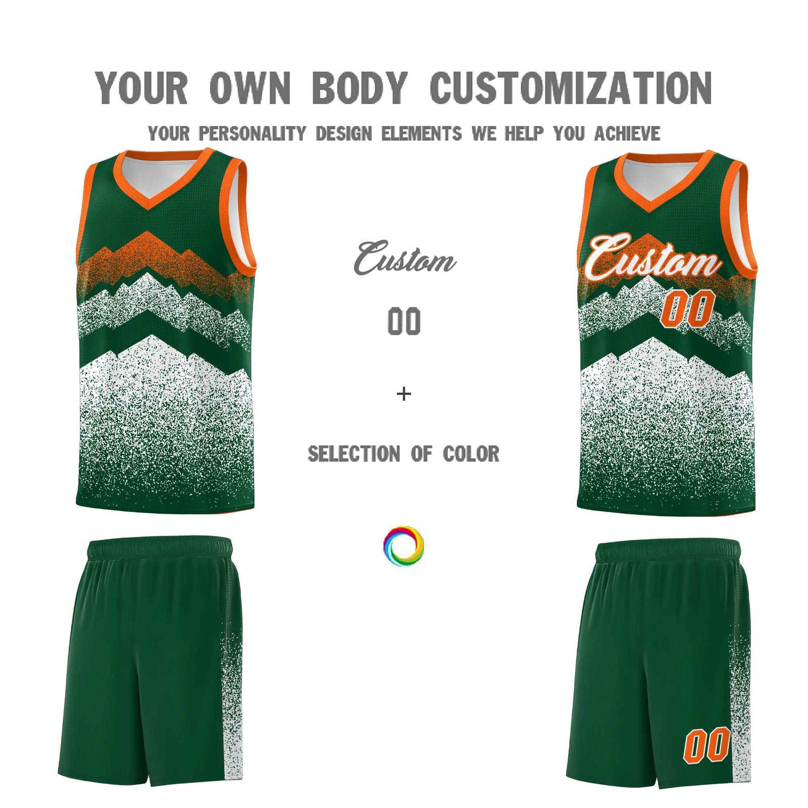 Personalized Youth Basketball Jerseys Green White Gradient Mountain Design Uniforms