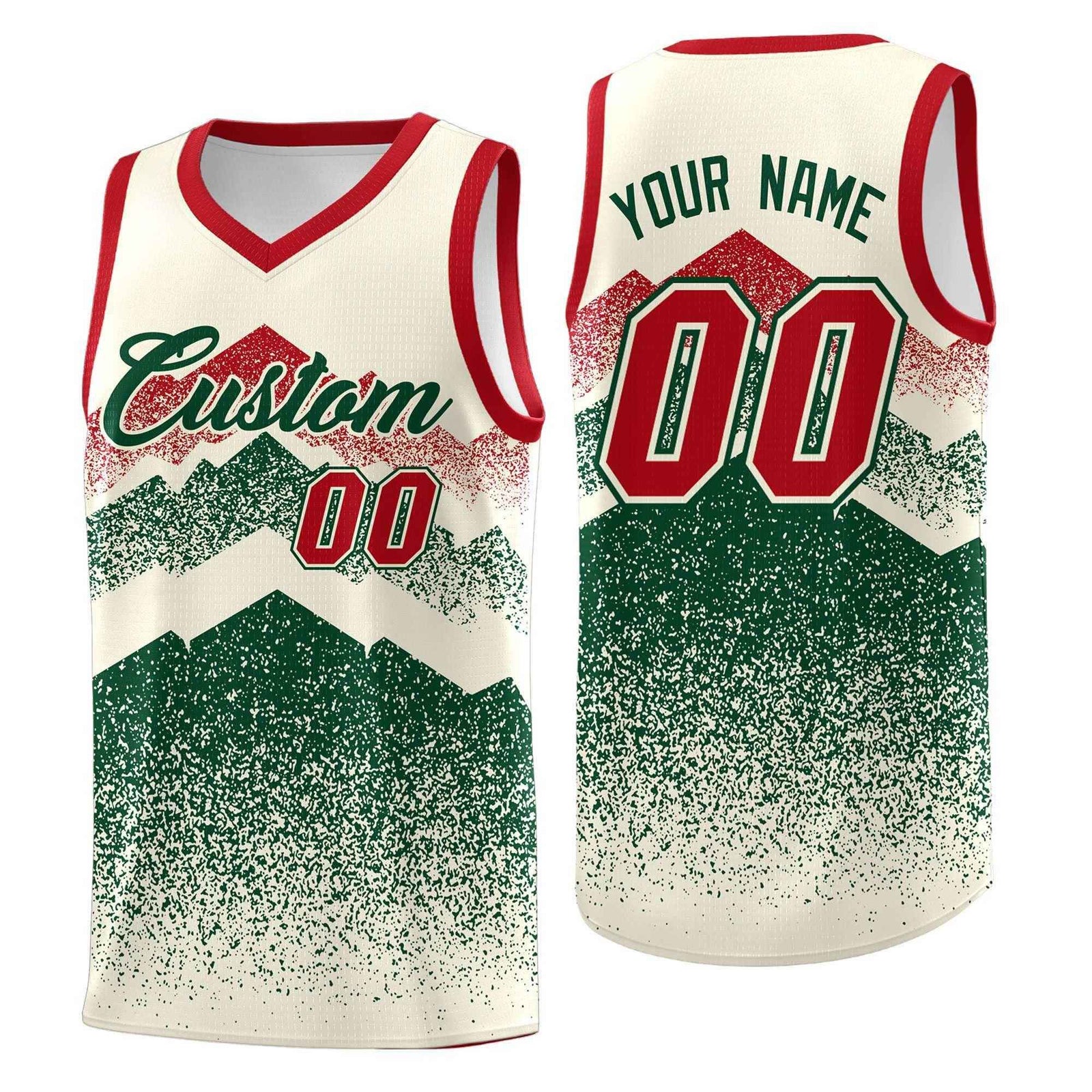 Personalized Youth Basketball Jerseys Cream Green Gradient Mountain Design Uniforms