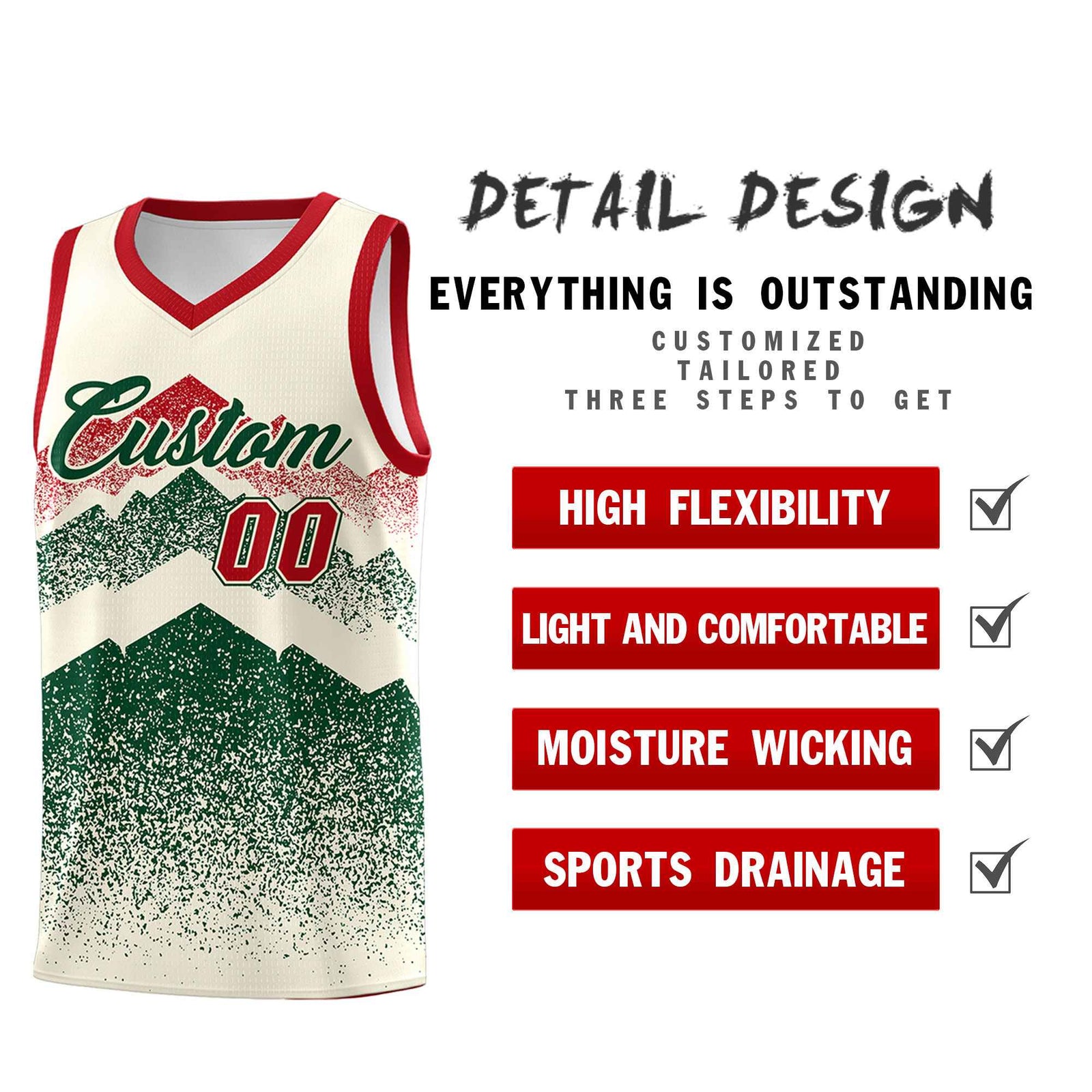 Personalized Youth Basketball Jerseys Cream Green Gradient Mountain Design Uniforms