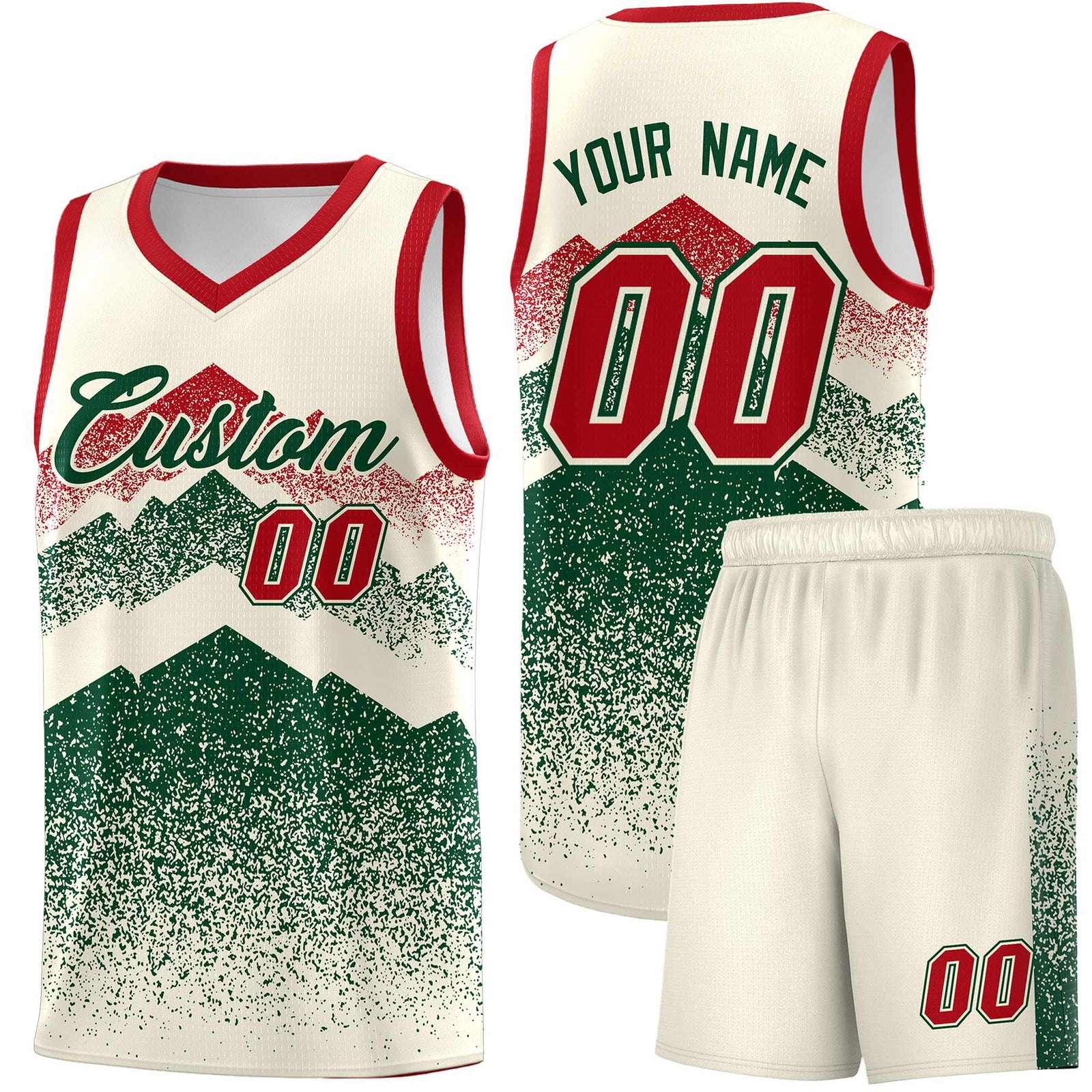 Personalized Youth Basketball Jerseys Cream Green Gradient Mountain Design Uniforms