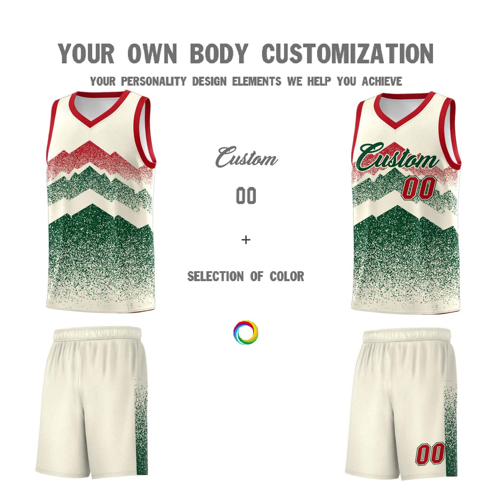 Personalized Youth Basketball Jerseys Cream Green Gradient Mountain Design Uniforms