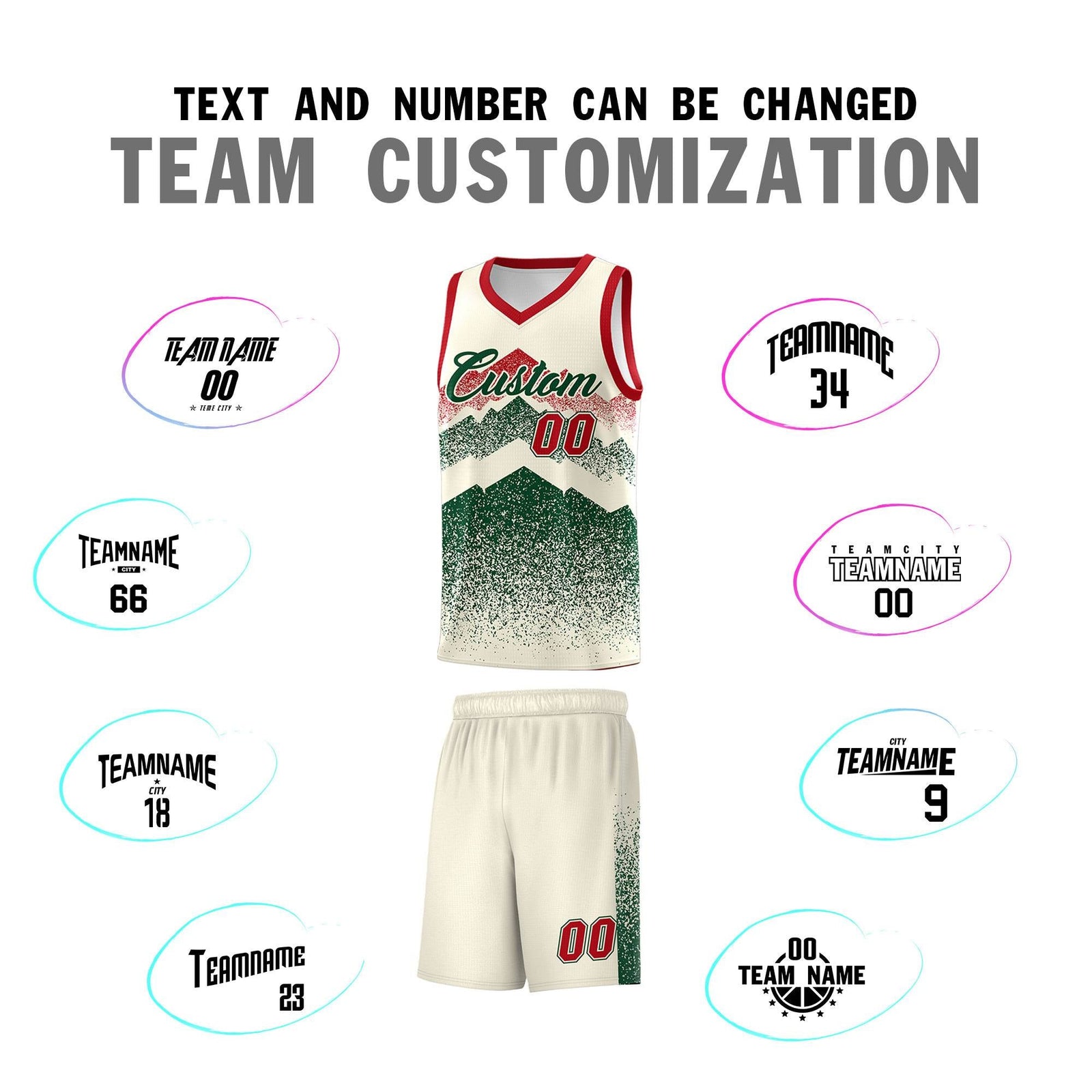 Personalized Youth Basketball Jerseys Cream Green Gradient Mountain Design Uniforms