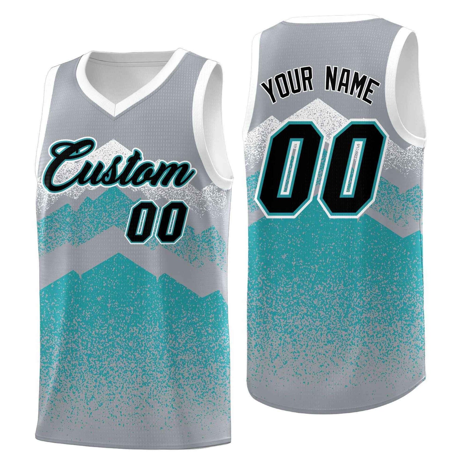 Personalized Youth Basketball Jerseys Silver Teal Gradient Mountain Design Uniforms