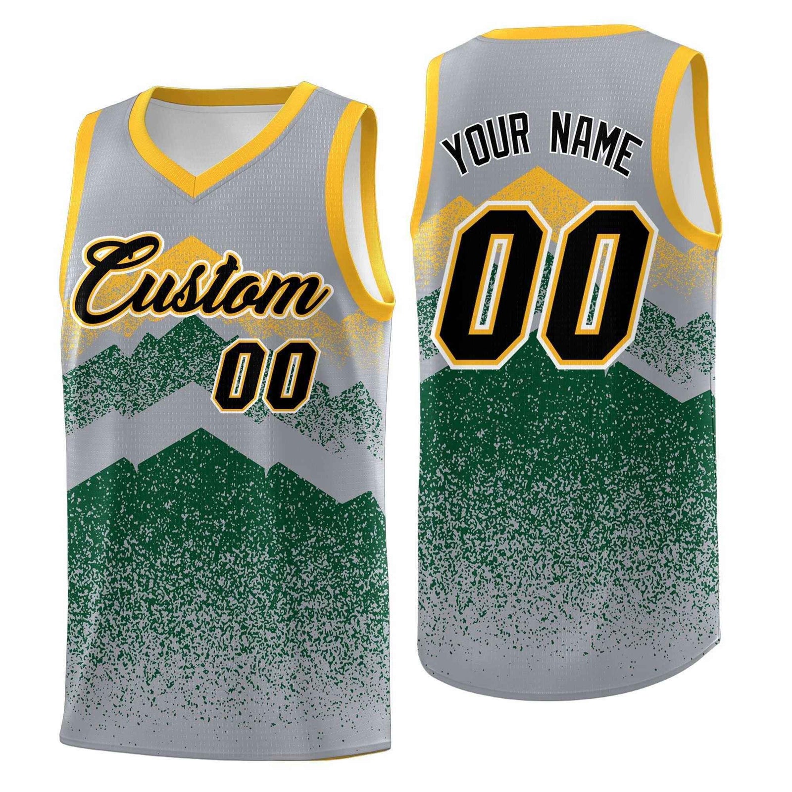 Personalized Youth Basketball Jerseys Gray Green Gradient Mountain Design Uniforms