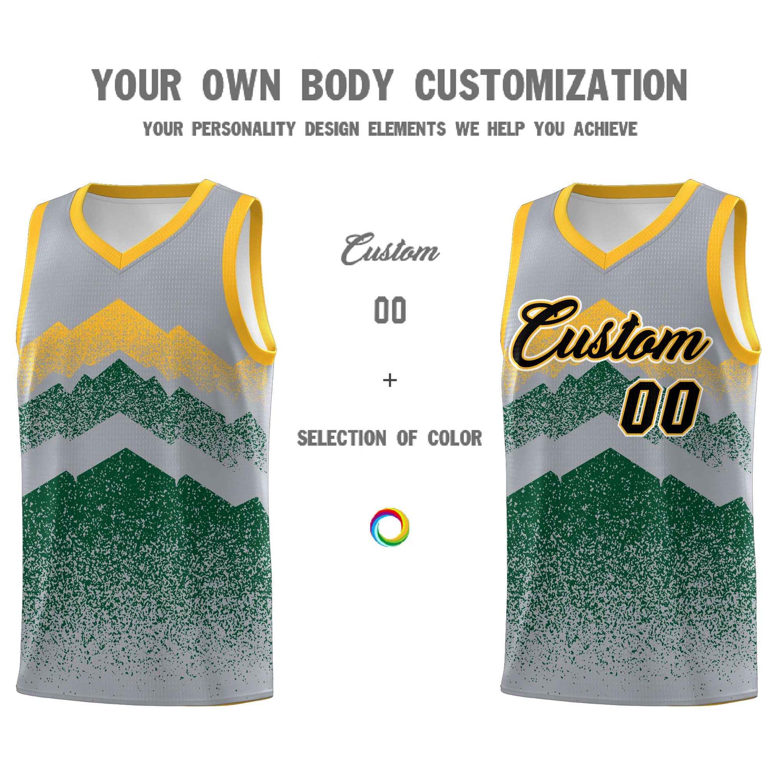 Personalized Youth Basketball Jerseys Gray Green Gradient Mountain Design Uniforms