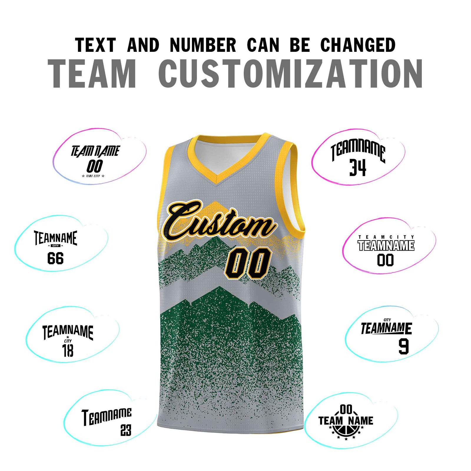 Personalized Youth Basketball Jerseys Gray Green Gradient Mountain Design Uniforms